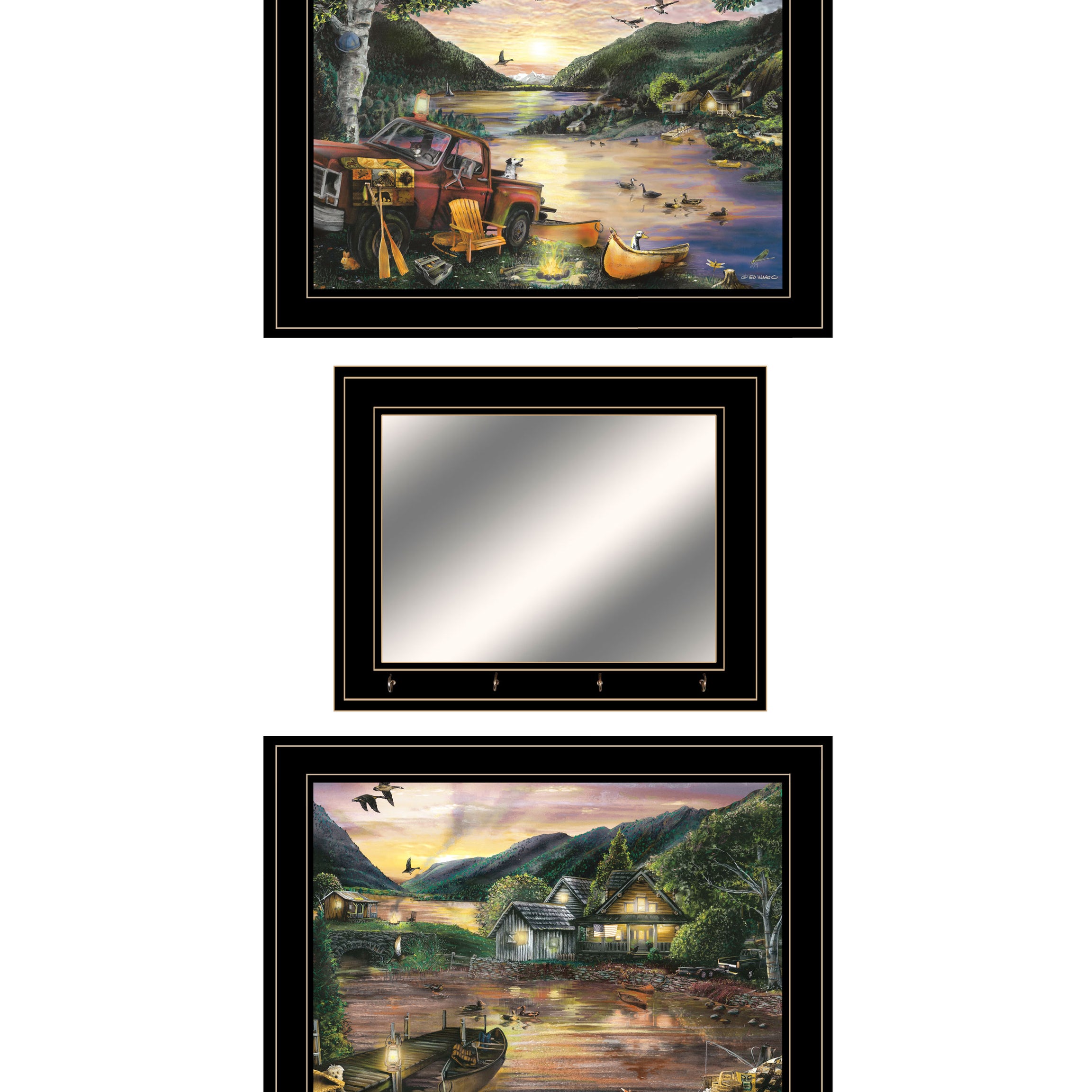 "Lakefront Camping" 3-Piece Vignette By Ed Wargo, Ready to Hang Framed Print, Black Frame--1