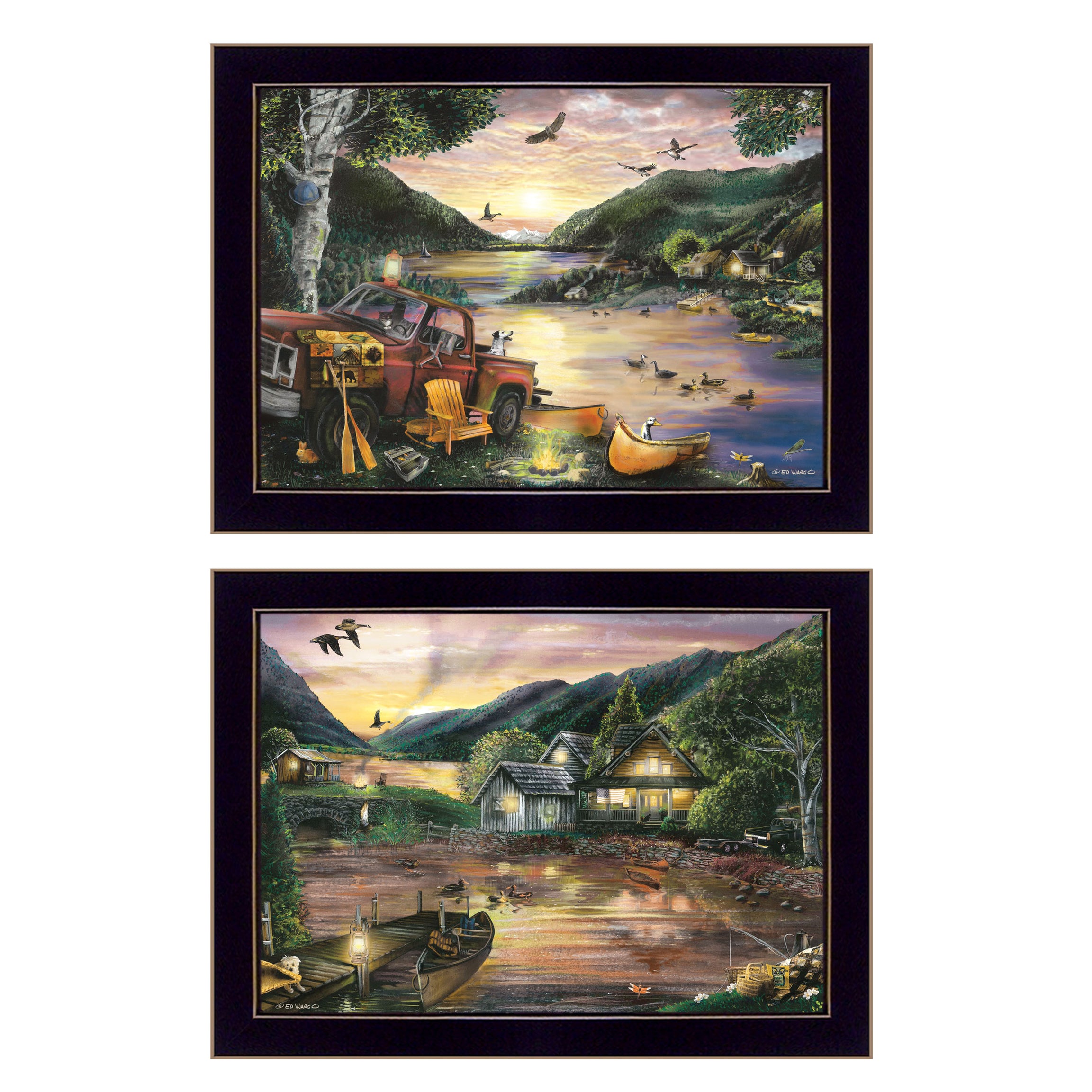 "Lakefront Camping" 2-Piece Vignette By Ed Wargo, Ready to Hang Framed Print, Black Frame--1