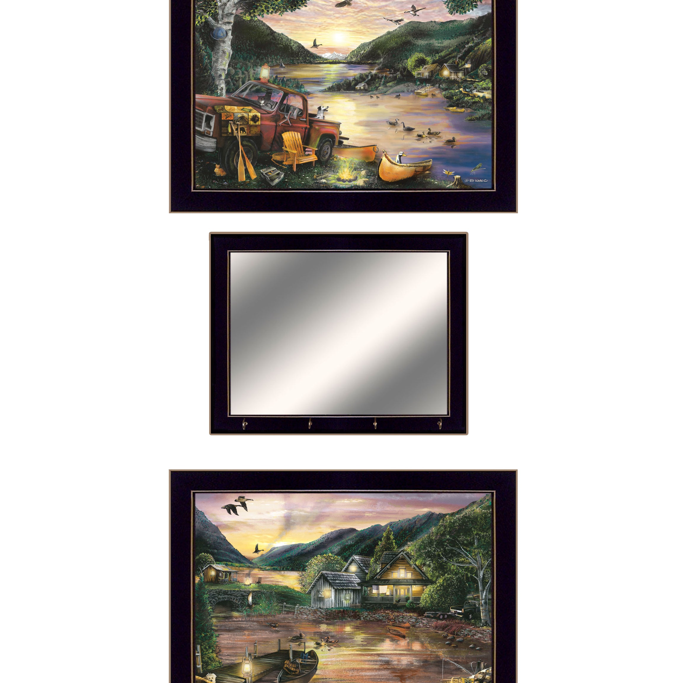 "Lakefront Camping" 3-Piece Vignette By Ed Wargo, Ready to Hang Framed Print, Black Frame--1