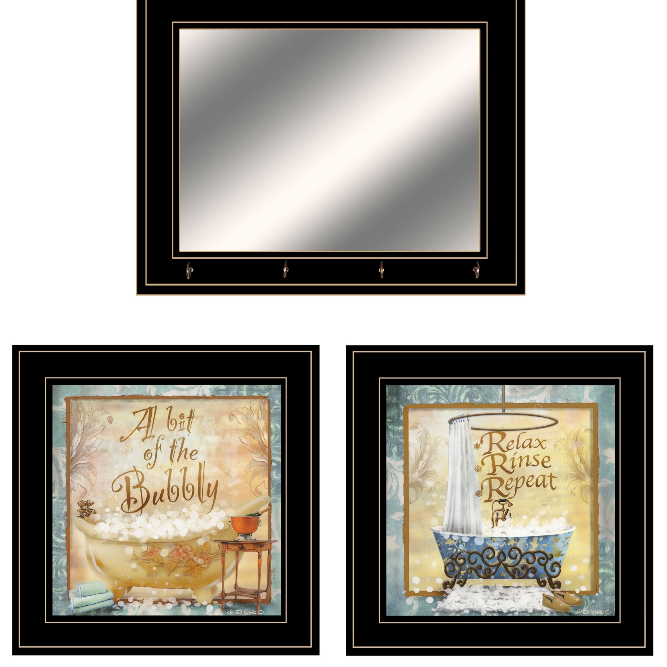 "A Bit of Bubbly" 3-Piece Vignette By Ed Wargo, Ready to Hang Framed Print, Black Frame--1