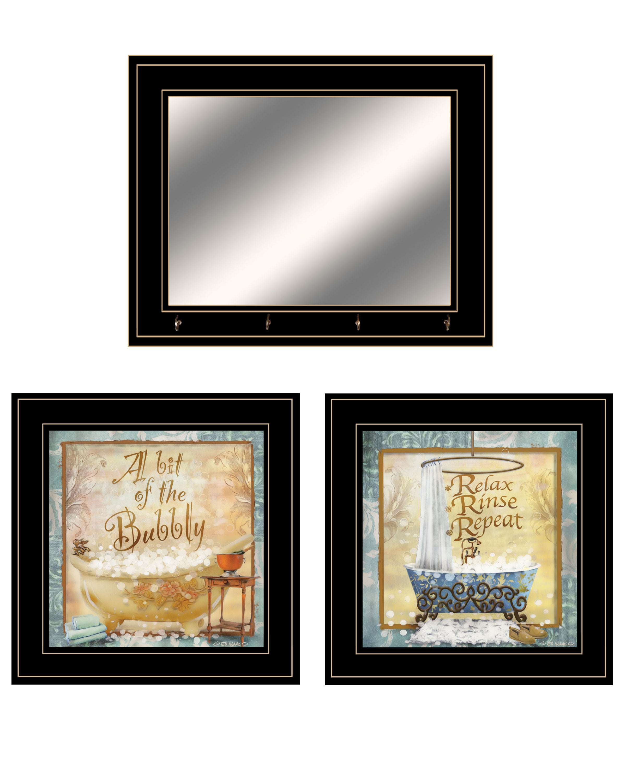 "A Bit of Bubbly" 3-Piece Vignette By Ed Wargo, Ready to Hang Framed Print, Black Frame--1