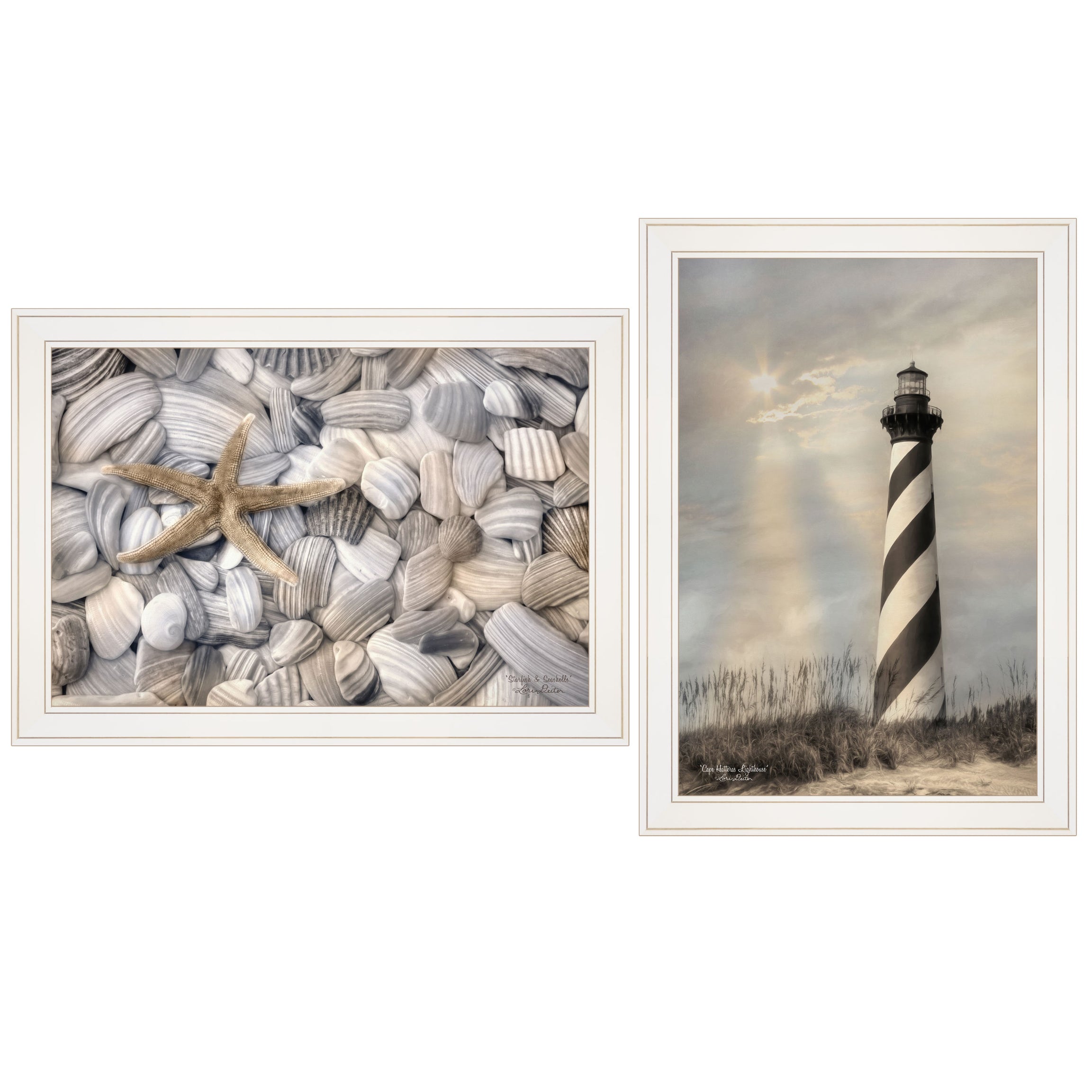 "Cape Hatteras Lighthouse and Sea Shells Collection" 2-Piece Vignette By Lori Deiter, Ready to Hang Framed Print, White Frame--1