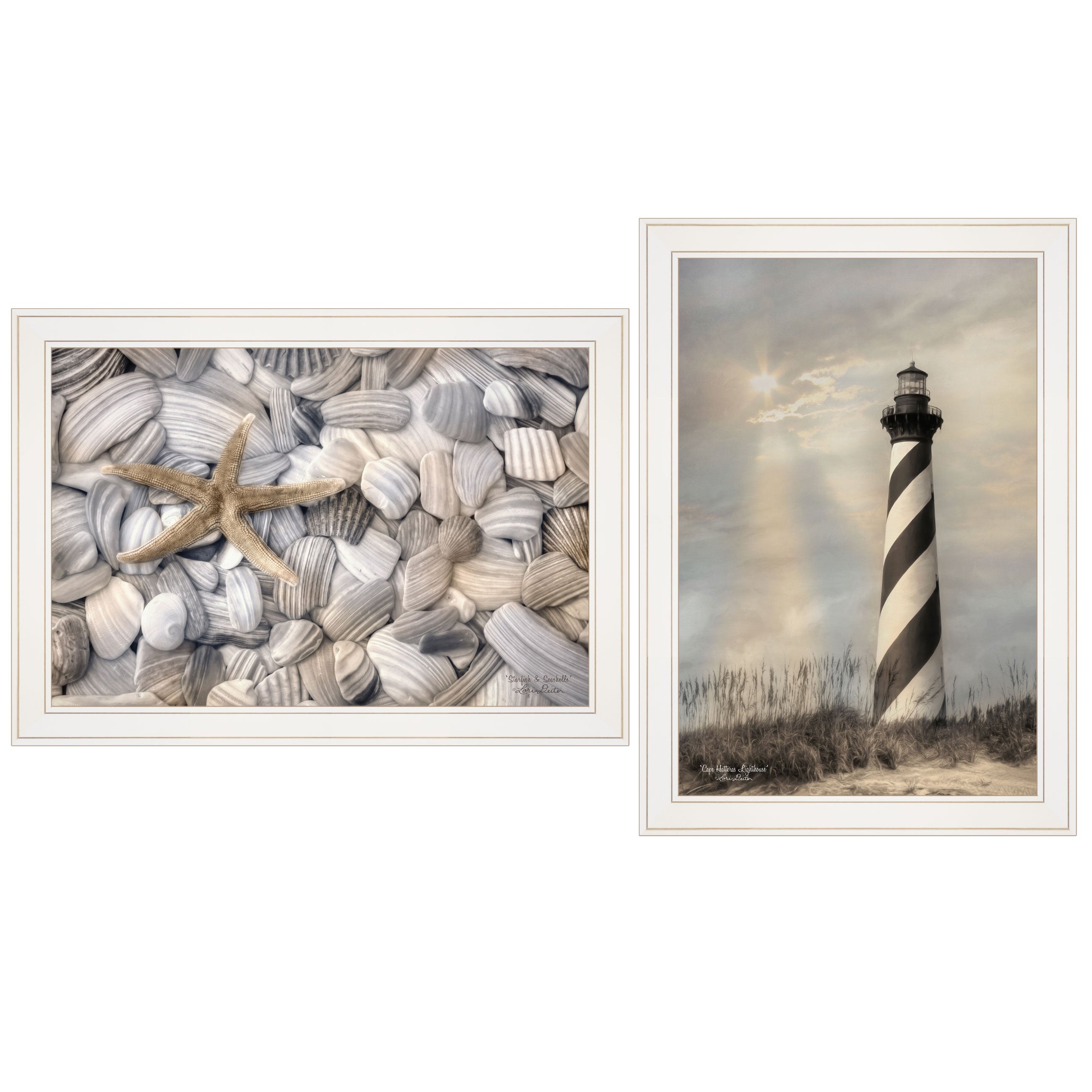 "Cape Hatteras Lighthouse and Sea Shells Collection" 2-Piece Vignette By Lori Deiter, Ready to Hang Framed Print, White Frame--1