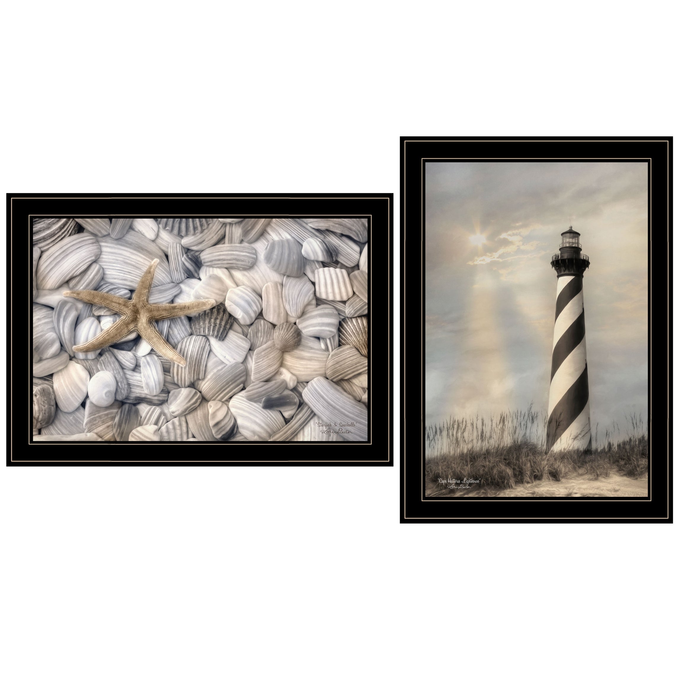 "Cape Hatteras Lighthouse and Sea Shells Collection" 2-Piece Vignette By Lori Deiter, Ready to Hang Framed Print, Black Frame--1