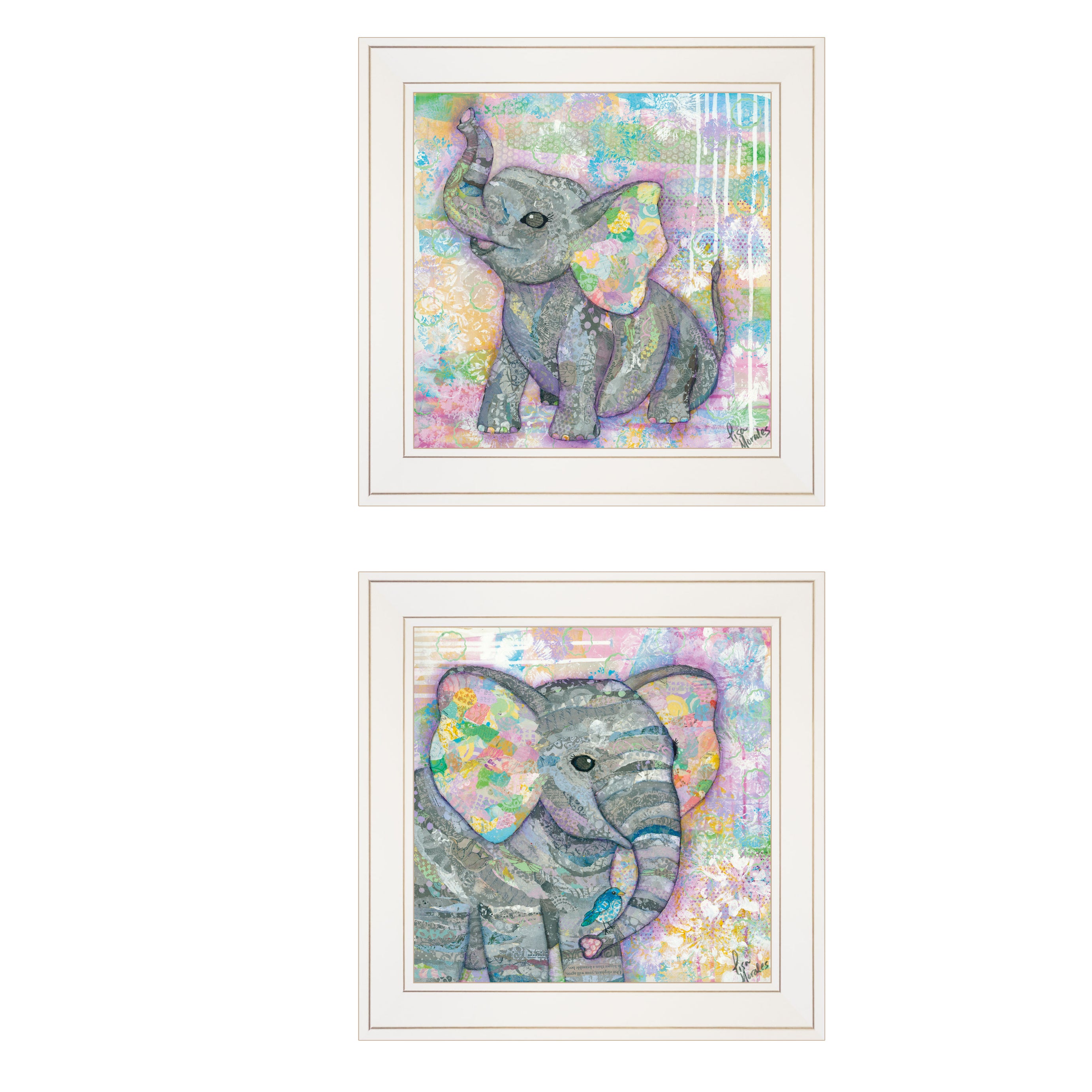 "Elephant I & II" 2-Piece Vignette By Lisa Morales, Ready to Hang Framed Print, White Frame--1