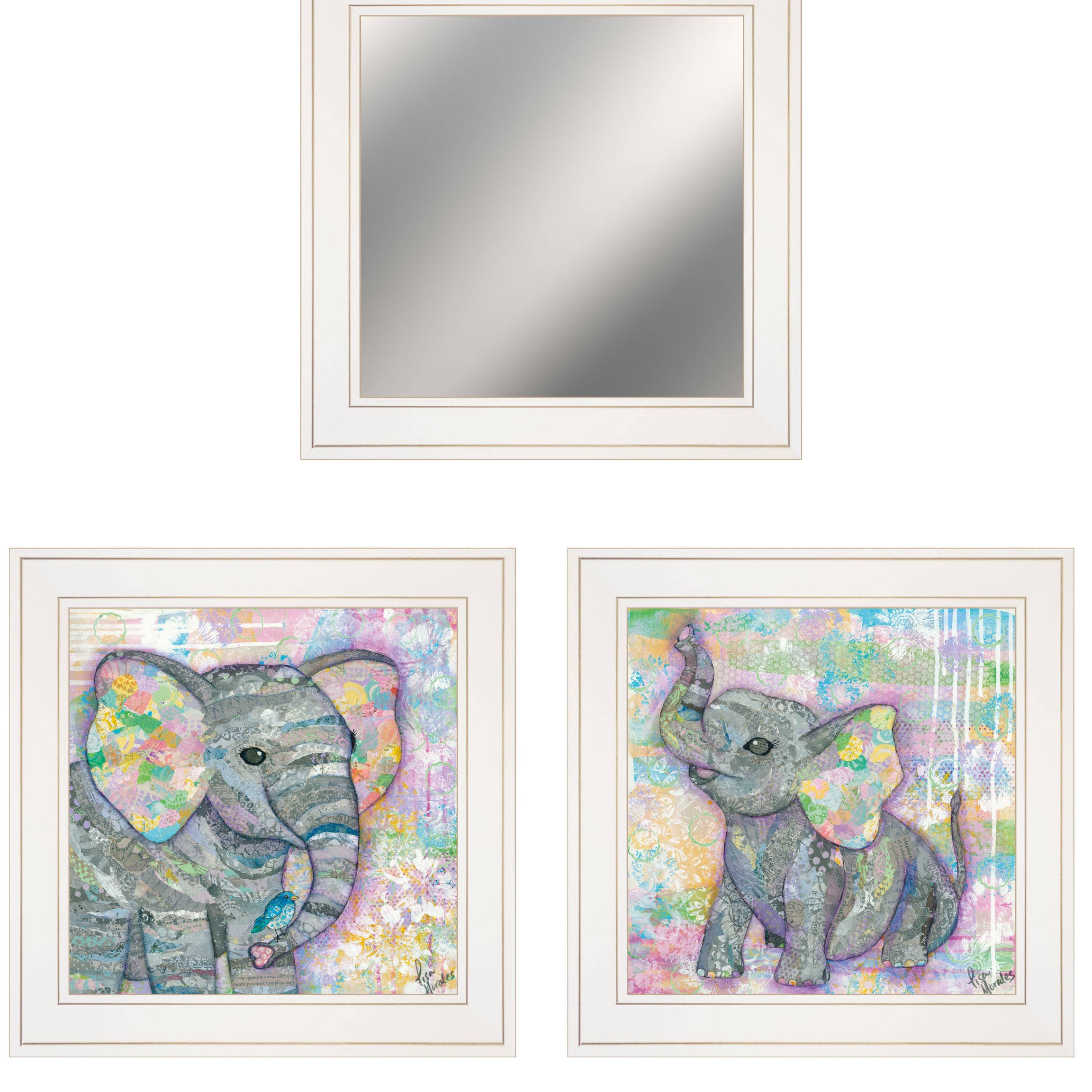 "Elephant I & II" 3-Piece Vignette By Lisa Morales, Ready to Hang Framed Print, White Frame--1