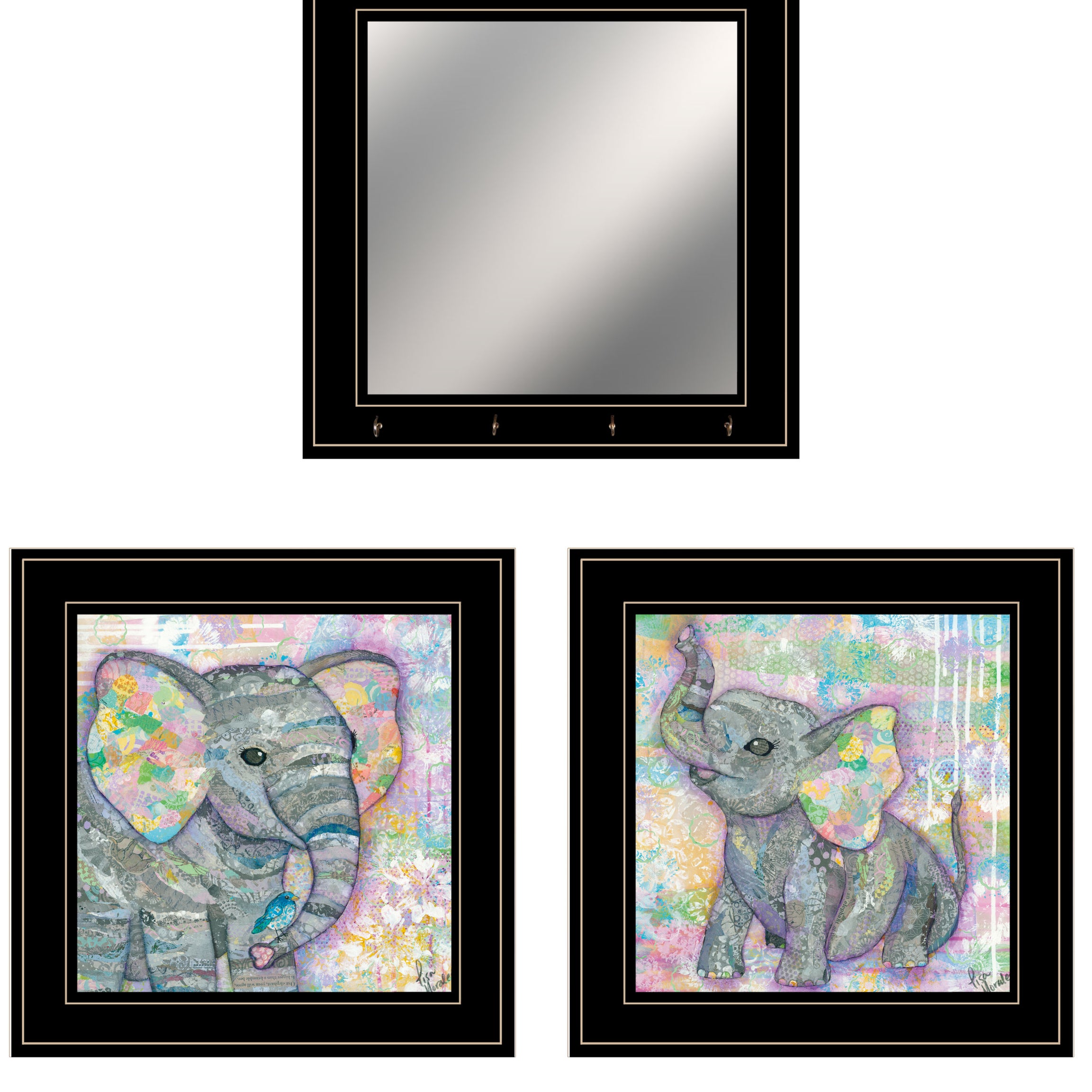 "Elephant I & II" 3-Piece Vignette By Lisa Morales, Ready to Hang Framed Print, Black Frame--1