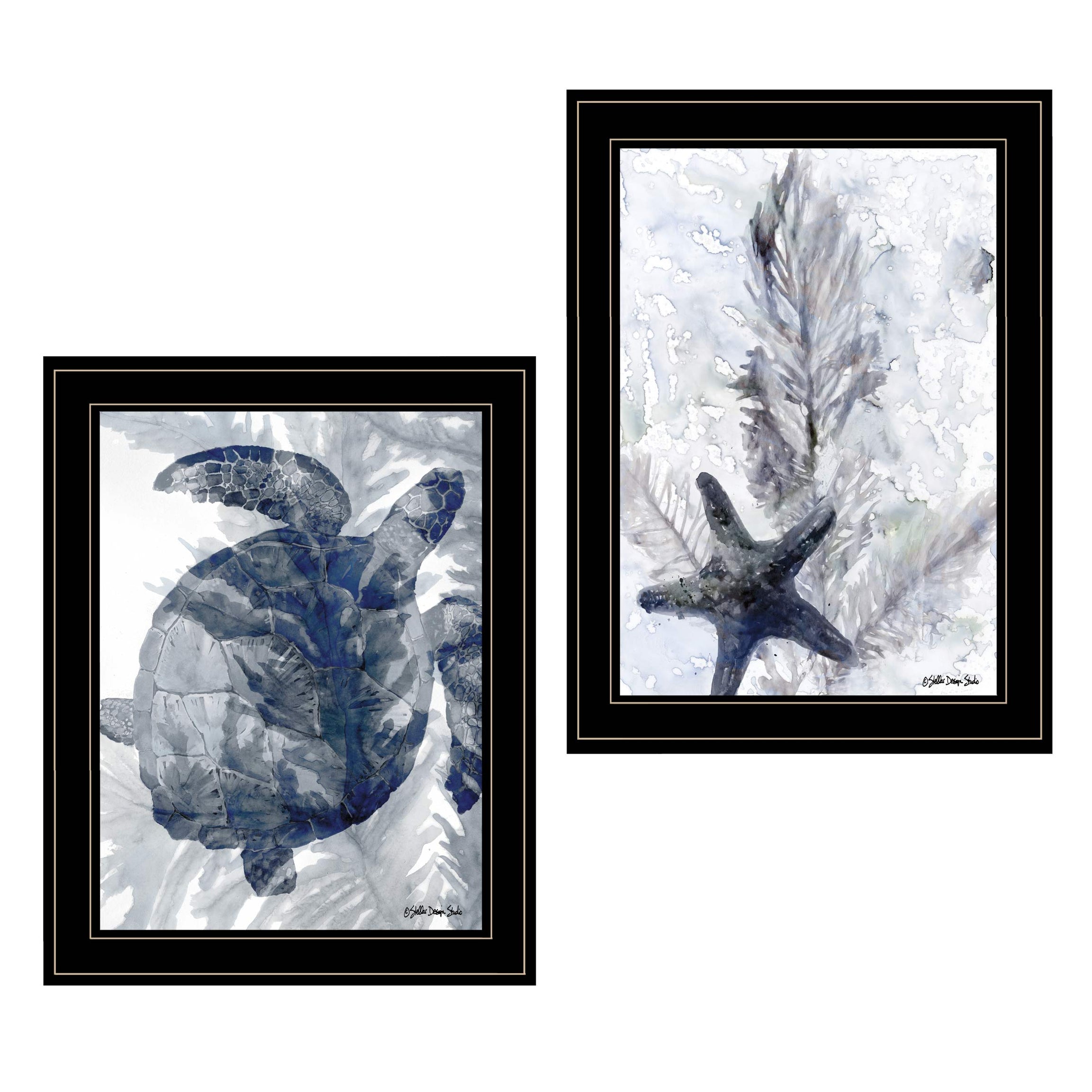 "Ocean Collection" 2-Piece Vignette By Stellar Design Studio, Ready to Hang Framed Print, Black Frame--1