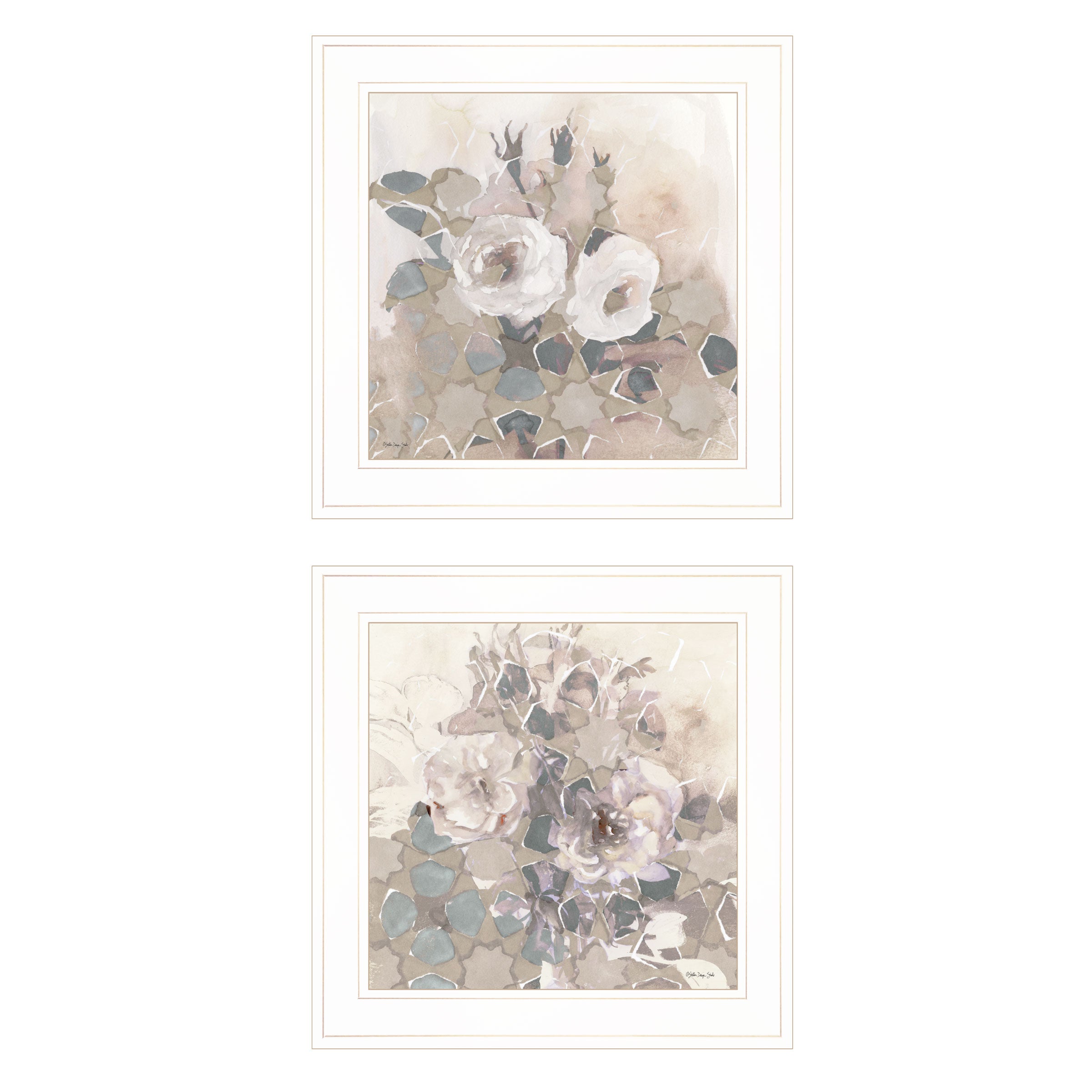 "Transitional Blooms" 2-Piece Vignette By Stellar Design Studio, Ready to Hang Framed Print, White Frame--1