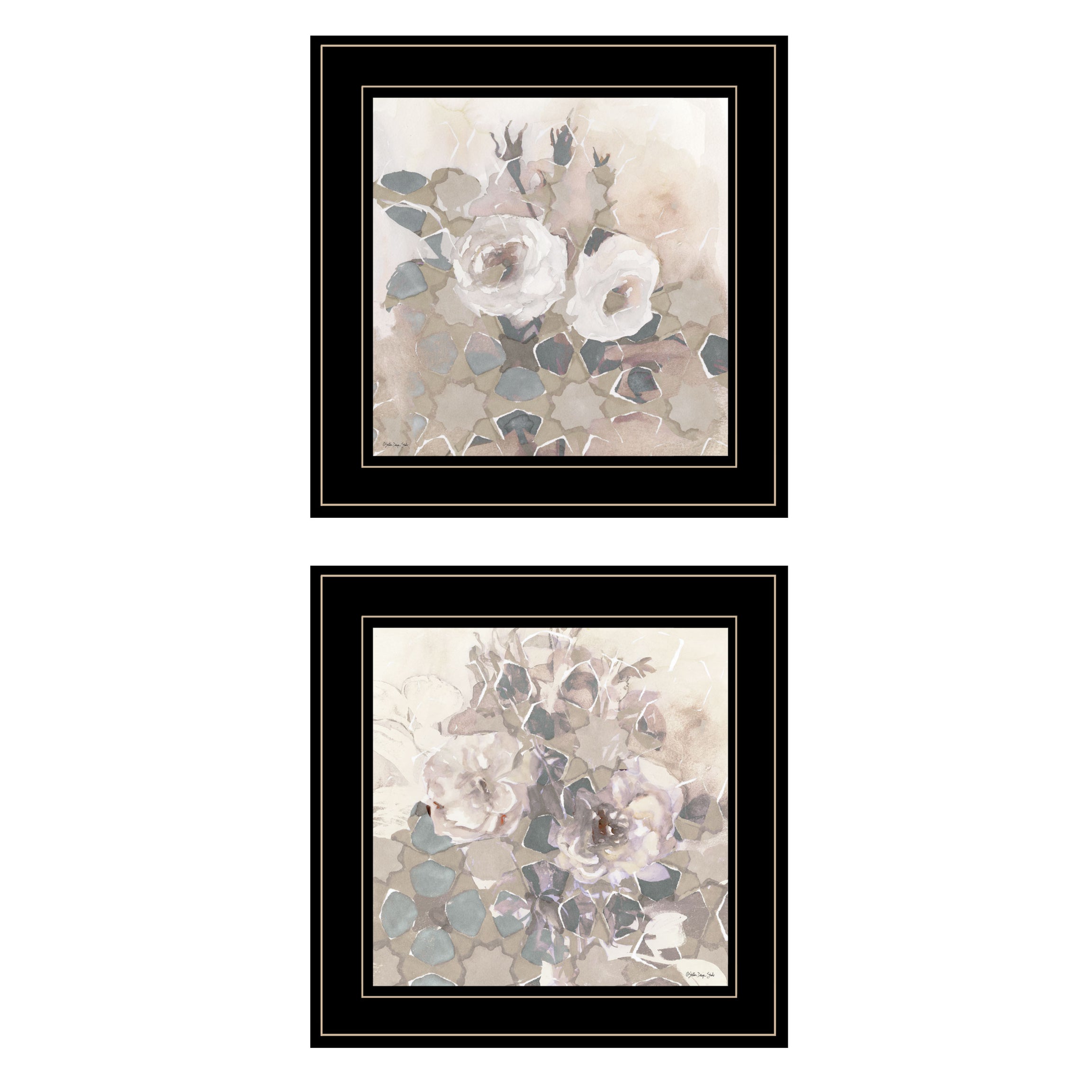 "Transitional Blooms" 2-Piece Vignette By Stellar Design Studio, Ready to Hang Framed Print, Black Frame--1