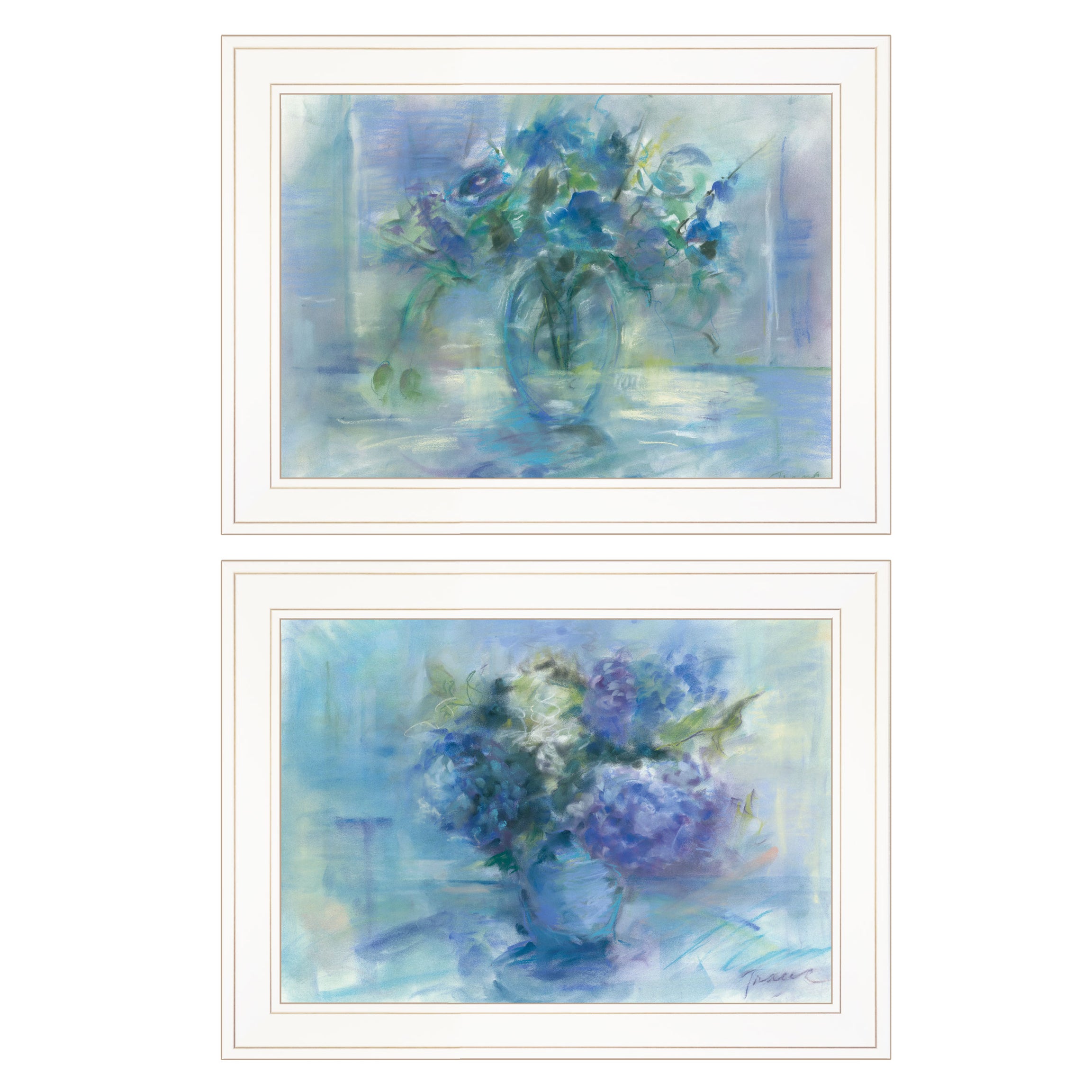 "Susie's Blue Bouquet" 2-Piece Vignette By Tracy Owen, Ready to Hang Framed Print, White Frame--1