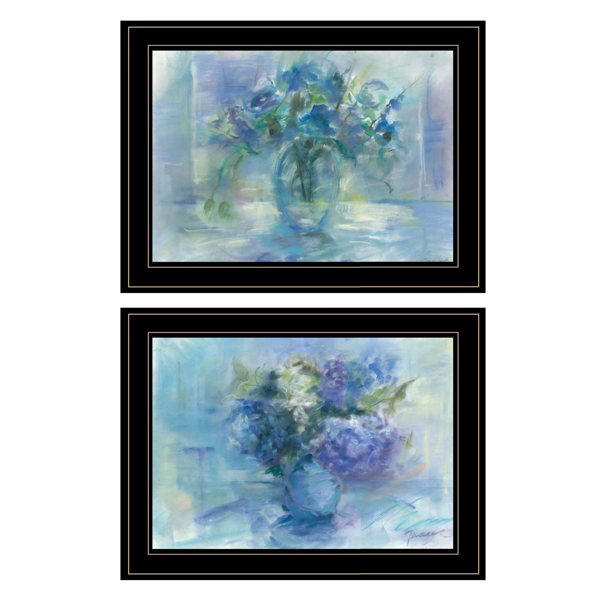 "Susie's Blue Bouquet" 2-Piece Vignette By Tracy Owen, Ready to Hang Framed Print, Black Frame--1