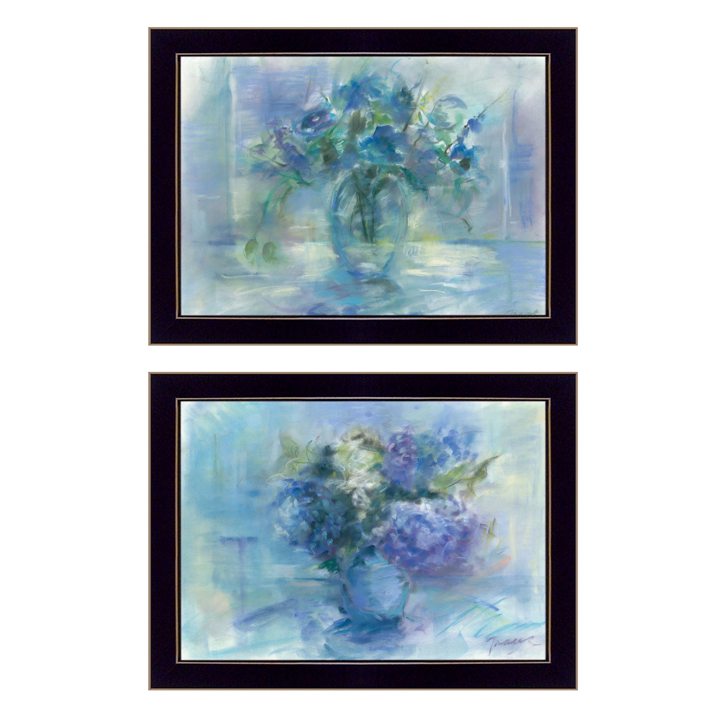 "Susie's Blue Bouquet" 2-Piece Vignette By Tracy Owen, Ready to Hang Framed Print, Black Frame--1