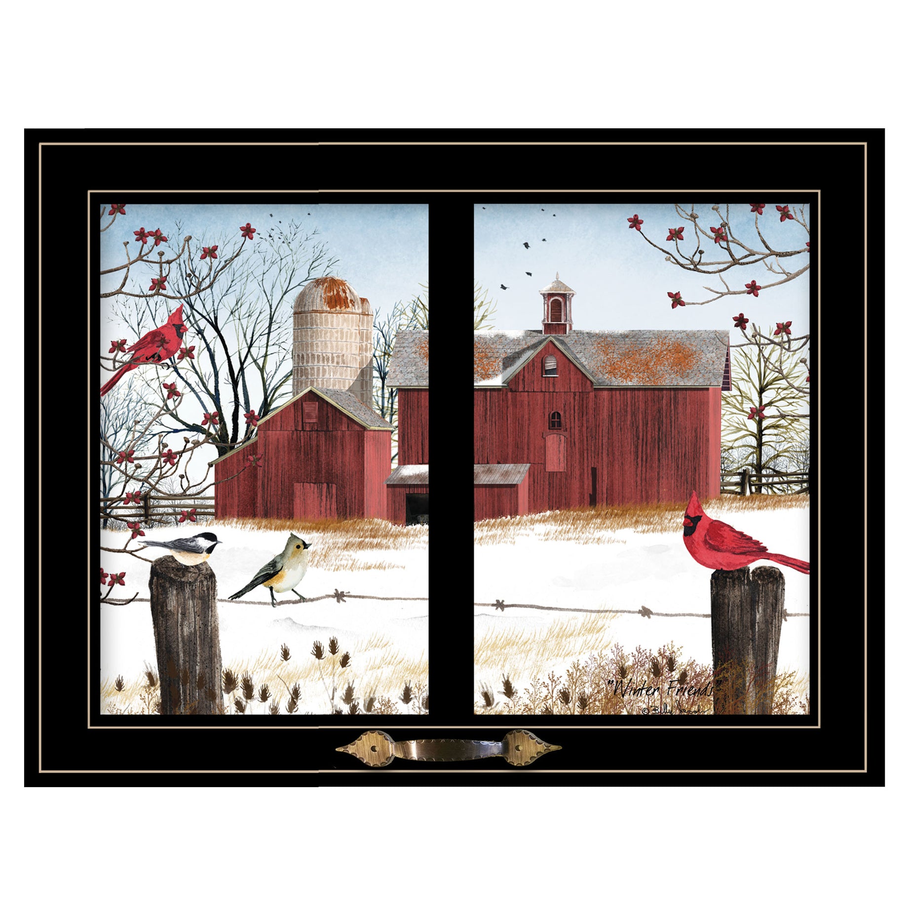 "Winter Friends" by Billy Jacobs, Ready to Hang Framed Print, Black Window-Style Frame--1