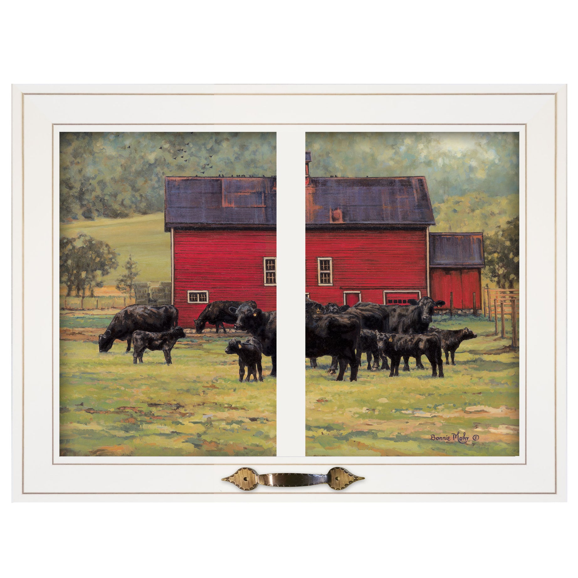 "By the Red Barn (Herd of Angus)" by Bonnie Mohr, Ready to Hang Framed Print, White Window-Style Frame--1