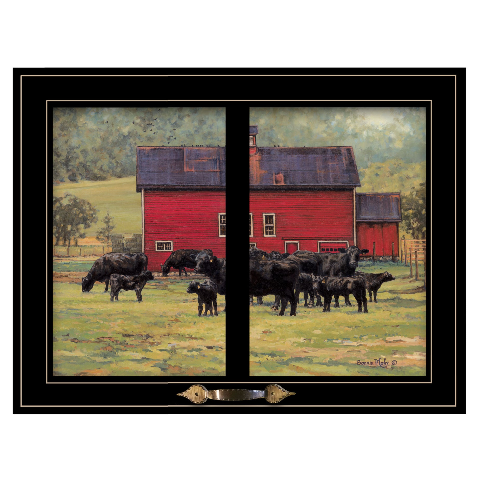 "By the Red Barn (Herd of Angus)" by Bonnie Mohr, Ready to Hang Framed Print, Black Window-Style Frame--1