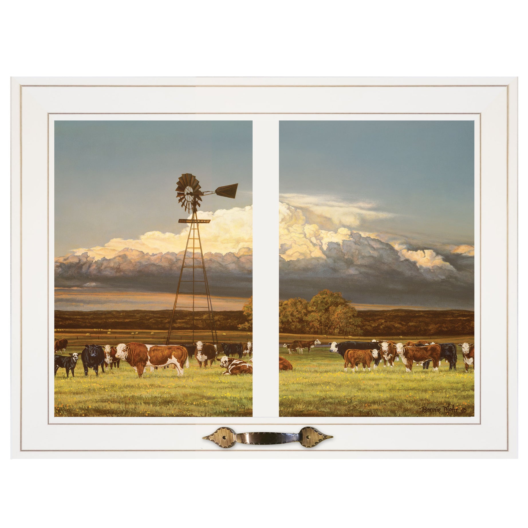 "Summer Pastures (Holstein cows with windmill)" by Bonnie Mohr, Ready to Hang Framed Print, White Window-Style Frame--1