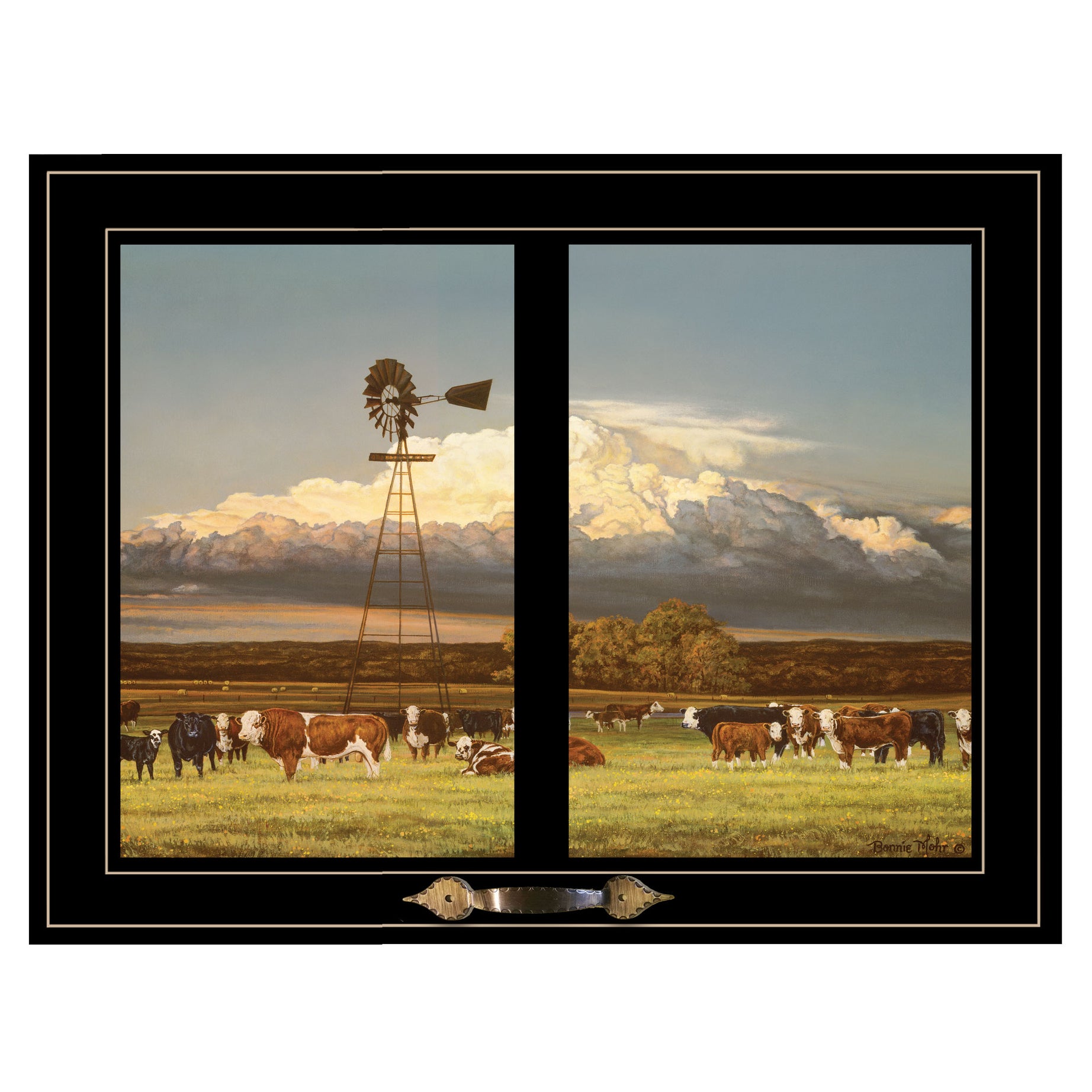 "Summer Pastures (Holstein cows with windmill)" by Bonnie Mohr, Ready to Hang Framed Print, Black Window-Style Frame--1