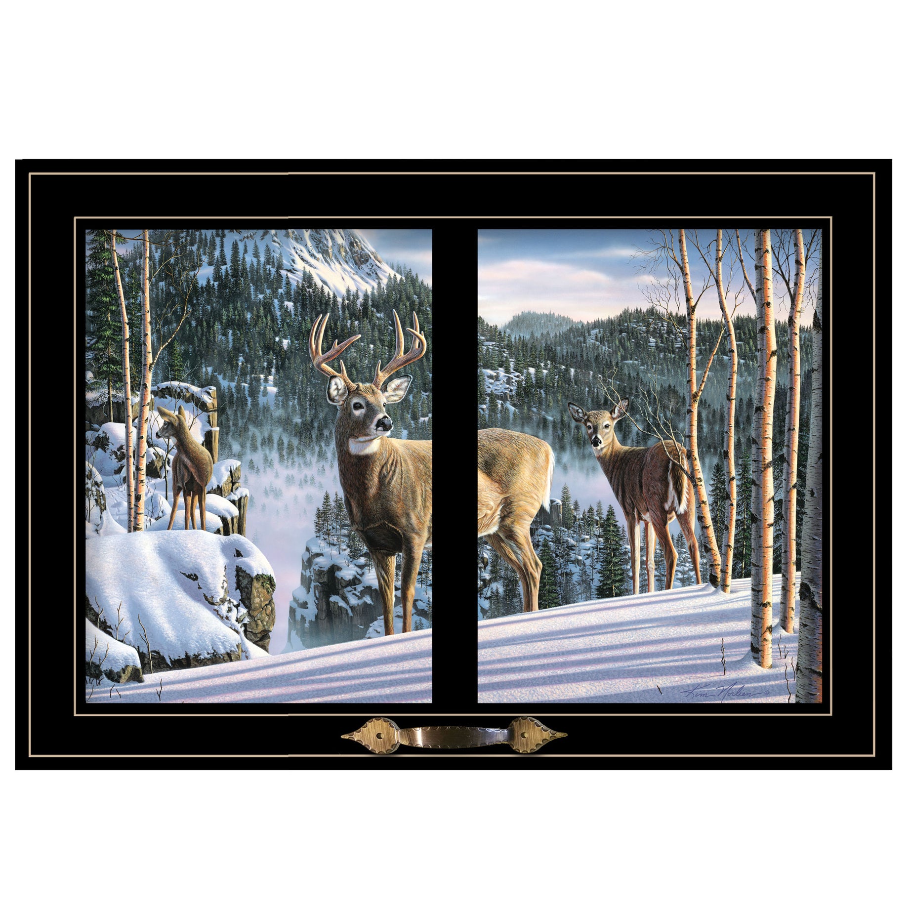 "Morning View Deer" by Kim Norlien, Ready to Hang Framed Print, Black Window-Style Frame--1