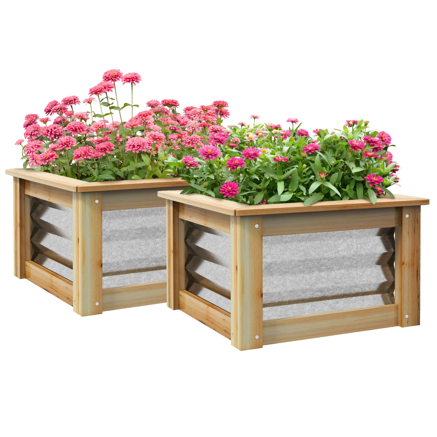 Outsunny Raised Garden Bed Set of 2, Outdoor Planter Box, Galvanized Metal Reinforced with Wood, Stock Tanks for Growing Flowers, Herbs and Vegetables--1