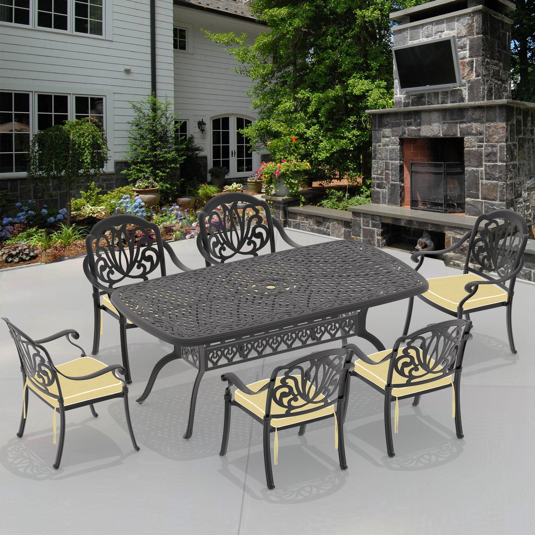 (Cushions In  Random Colors)7-Piece Set Of Cast Aluminum Patio Furniture With  Cushions--1