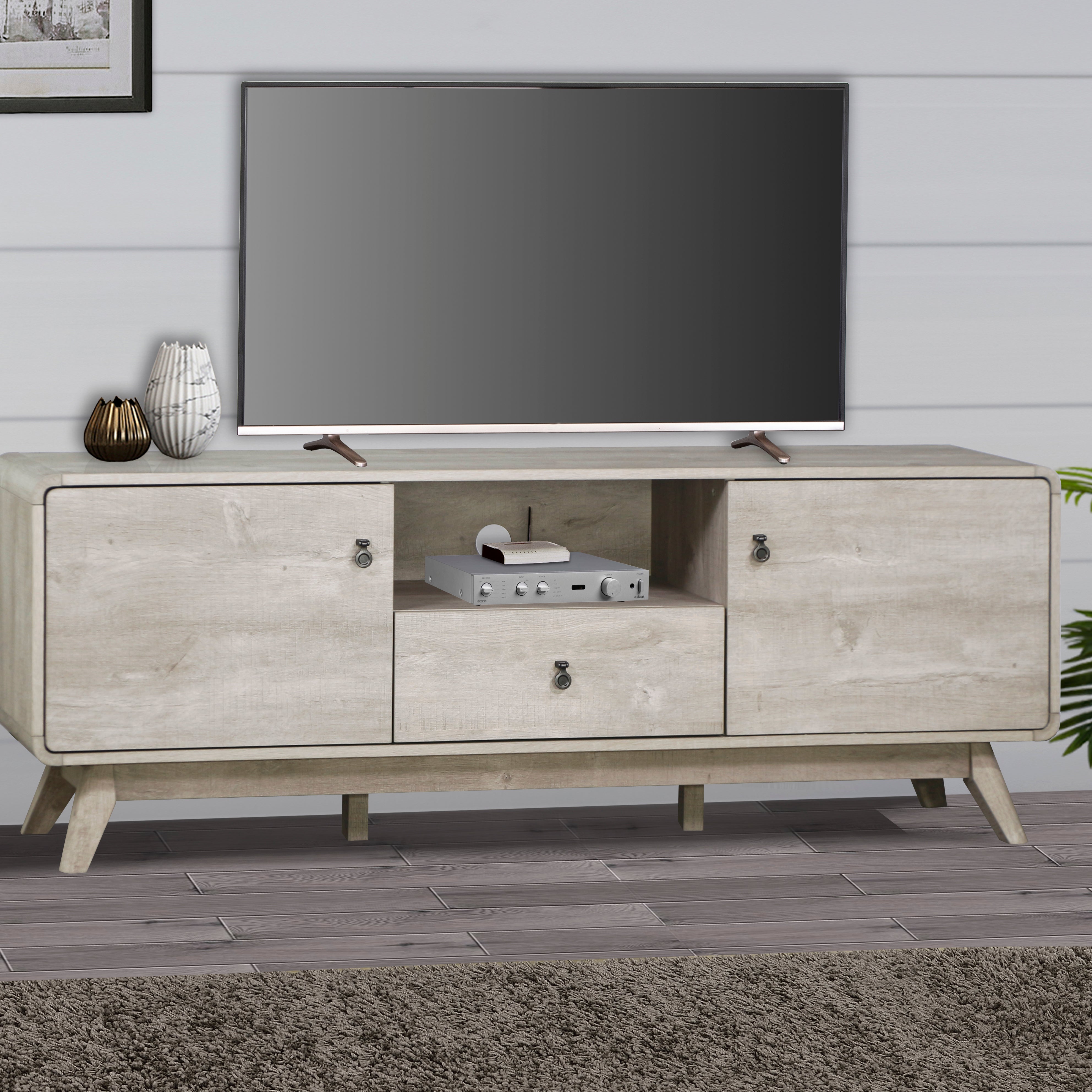 TV Stand  Elegant Washed Gray Media Console - Modern TV Stand with Ample Storage, Entertainment Center with Bookshelves, Fits 65-85 inch TVs--1