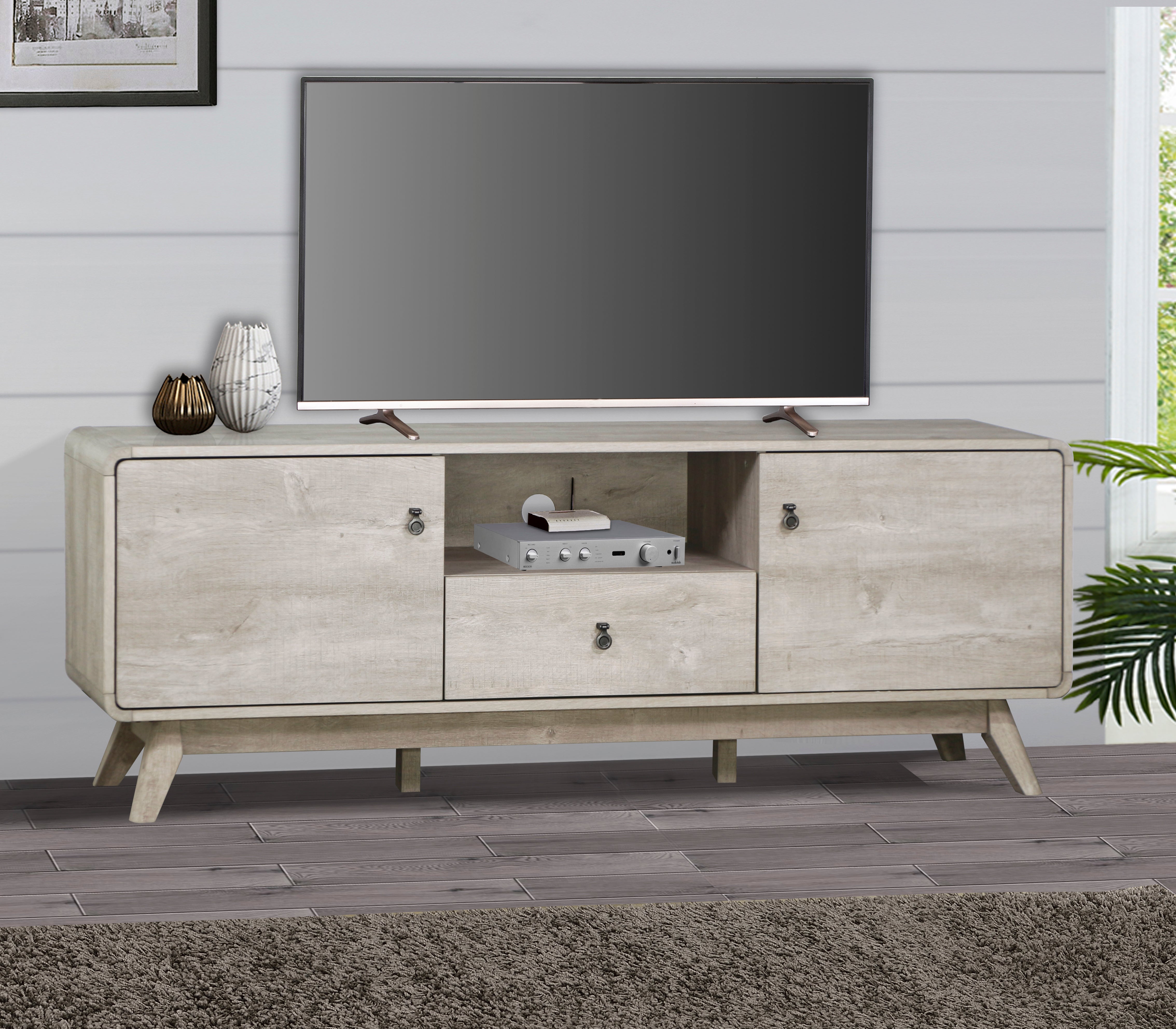 TV Stand  Elegant Washed Gray Media Console - Modern TV Stand with Ample Storage, Entertainment Center with Bookshelves, Fits 65-85 inch TVs--1