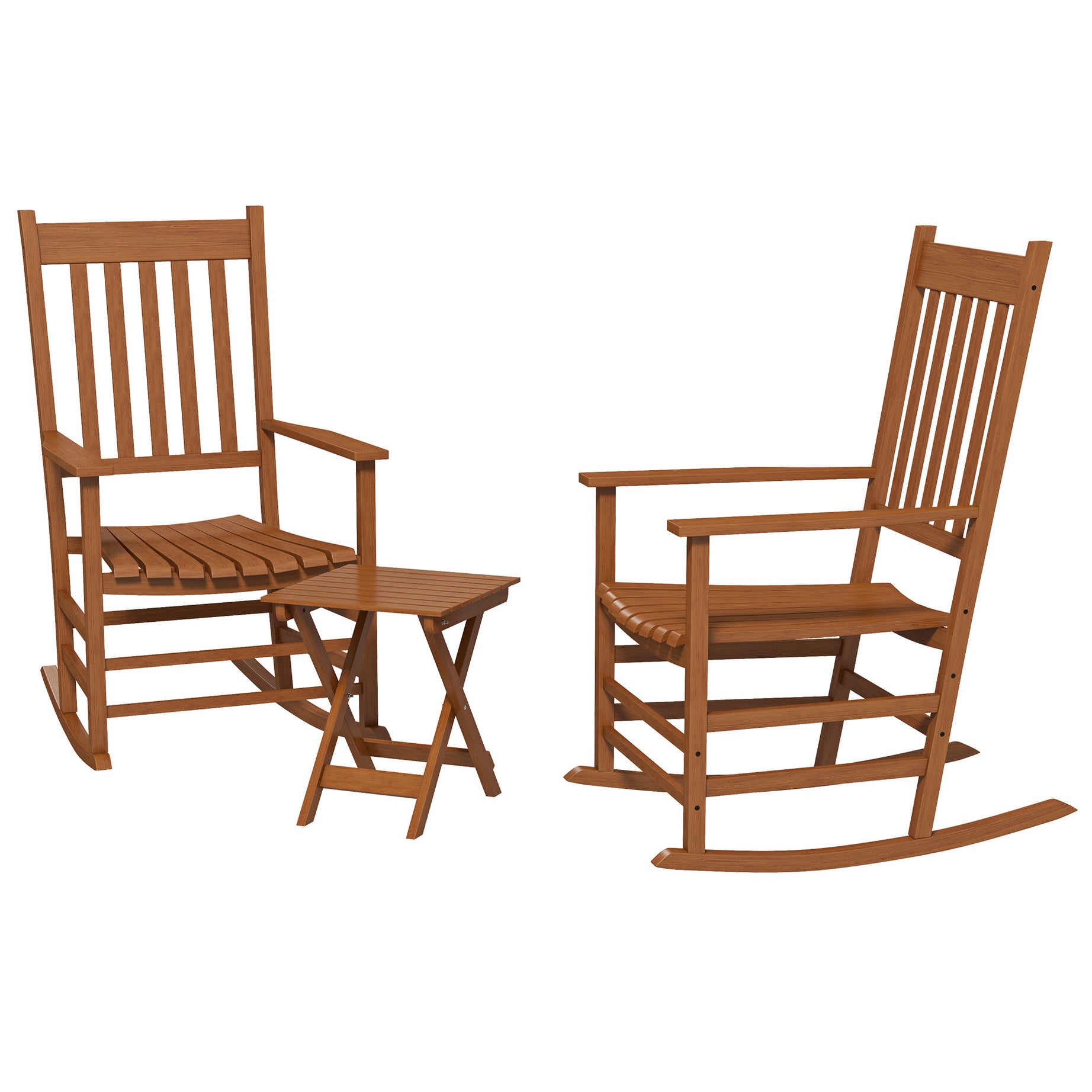 Outsunny Outdoor Rocking Chair Set of 2 with Side Table, Patio Wooden Rocking Chair with Smooth Armrests, High Back for Garden, Balcony, Porch, Supports Up to 352 lbs., Teak--1