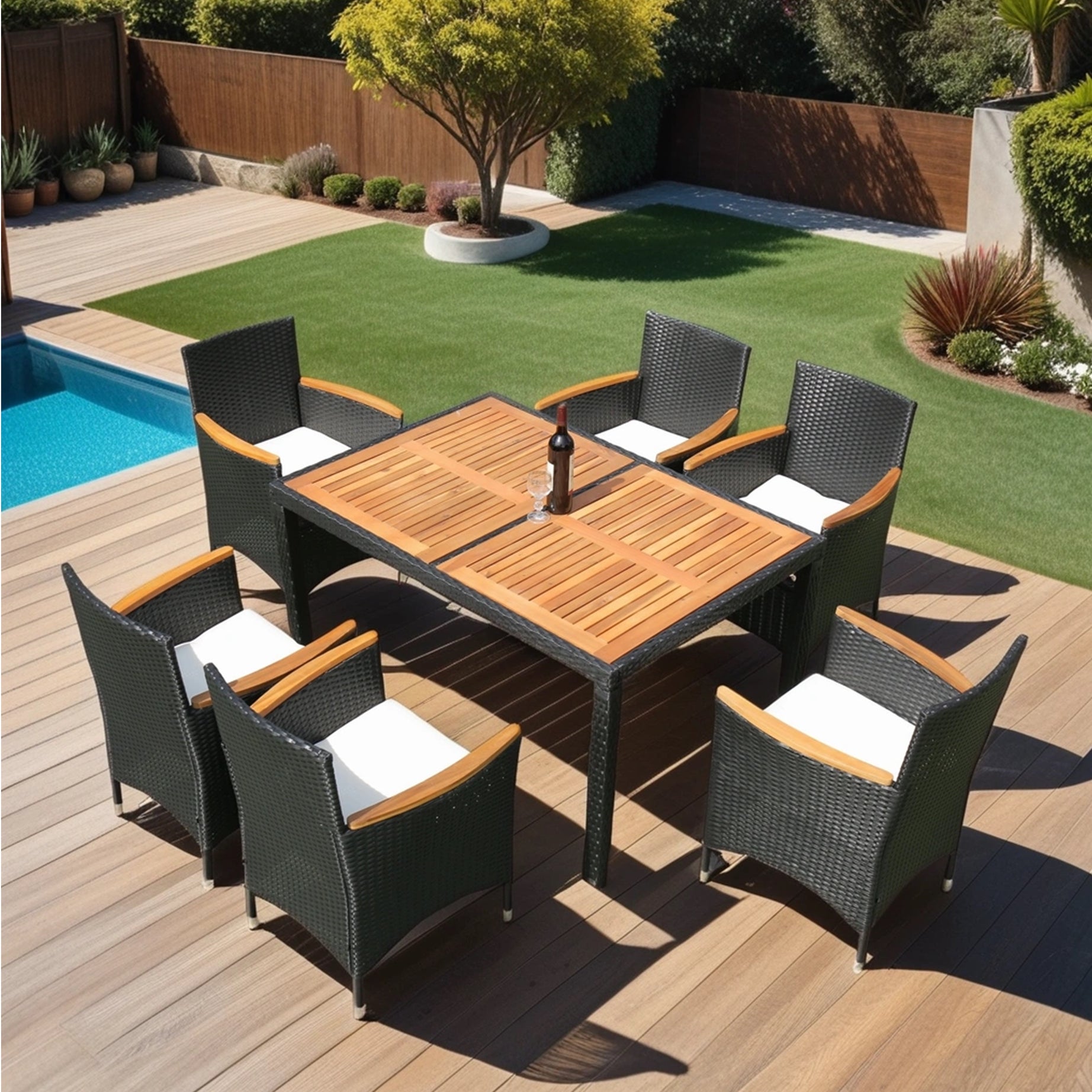 EELIFEE 7 piece Outdoor Patio Wicker Dining Set Patio Wicker Furniture Dining Set w/Acacia Wood Top--1