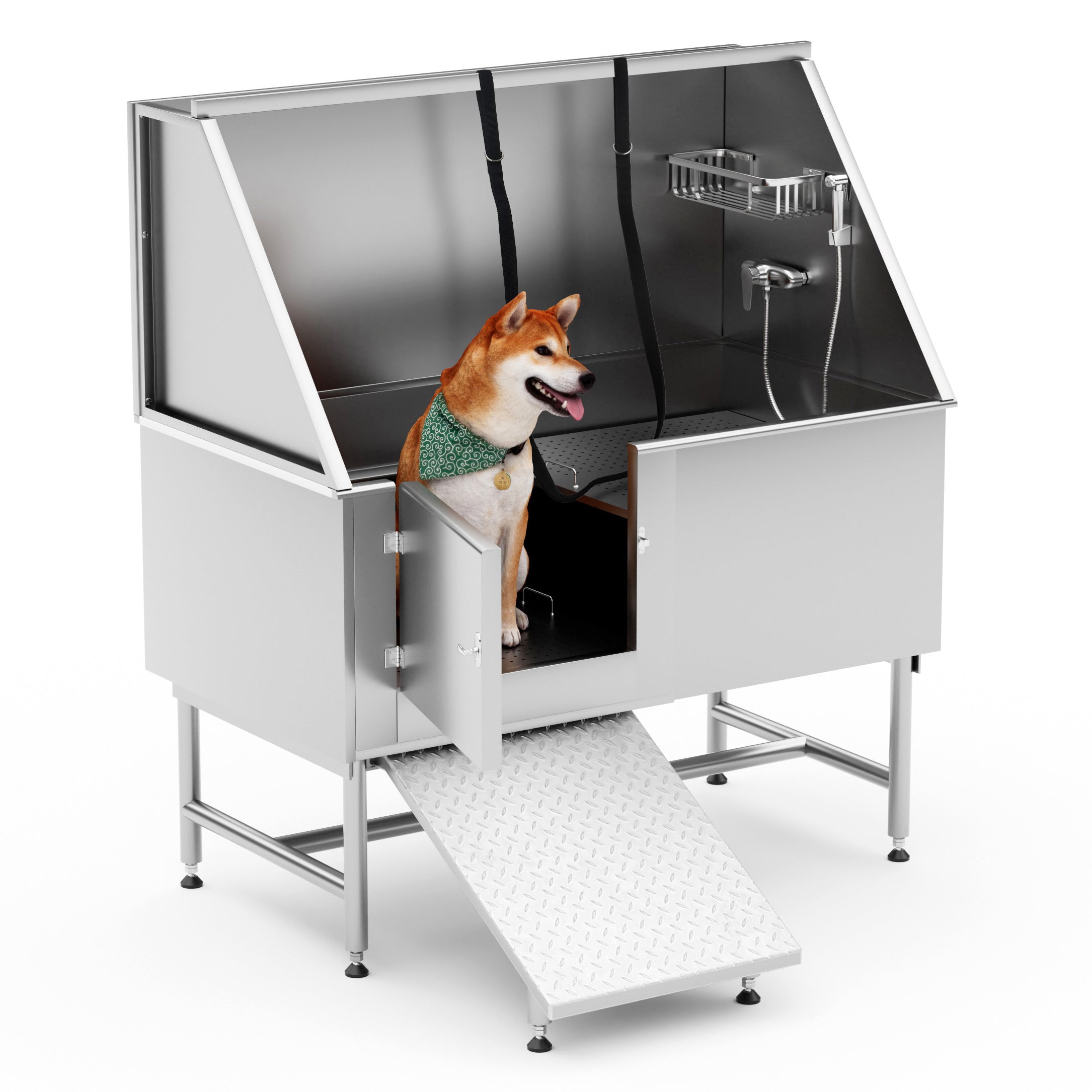 Pet Bathtub - 50 Inch Professional Dog Rinse Station (Left Side Ramp) with Faucet, Leash and Other Accessories, Adjustable Legs, Pet Wash Station for Dogs of All Sizes,50.2"L x 27.6"W x 60.2"H--1