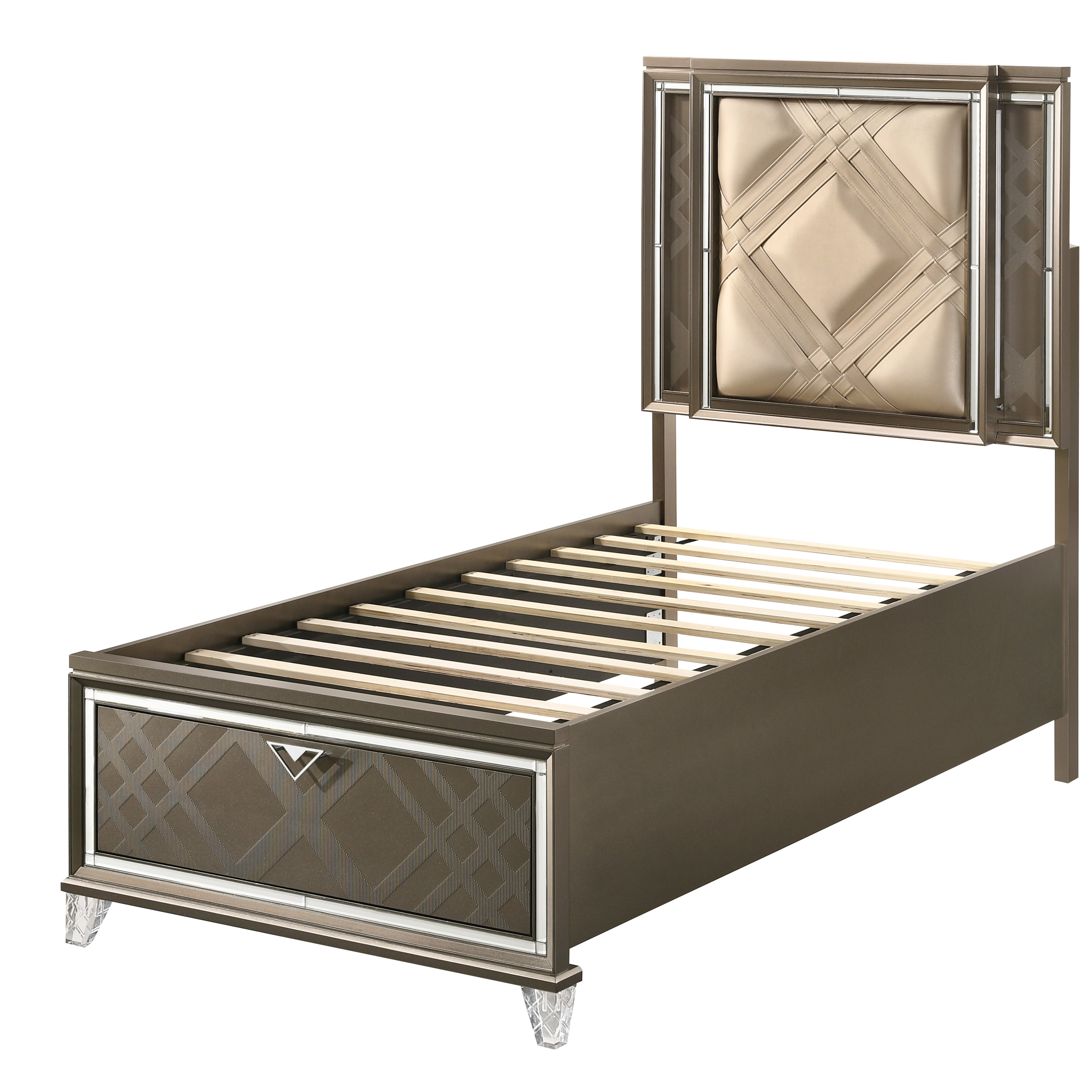 Beige and Dark Champagne Twin Bed with Storage--1