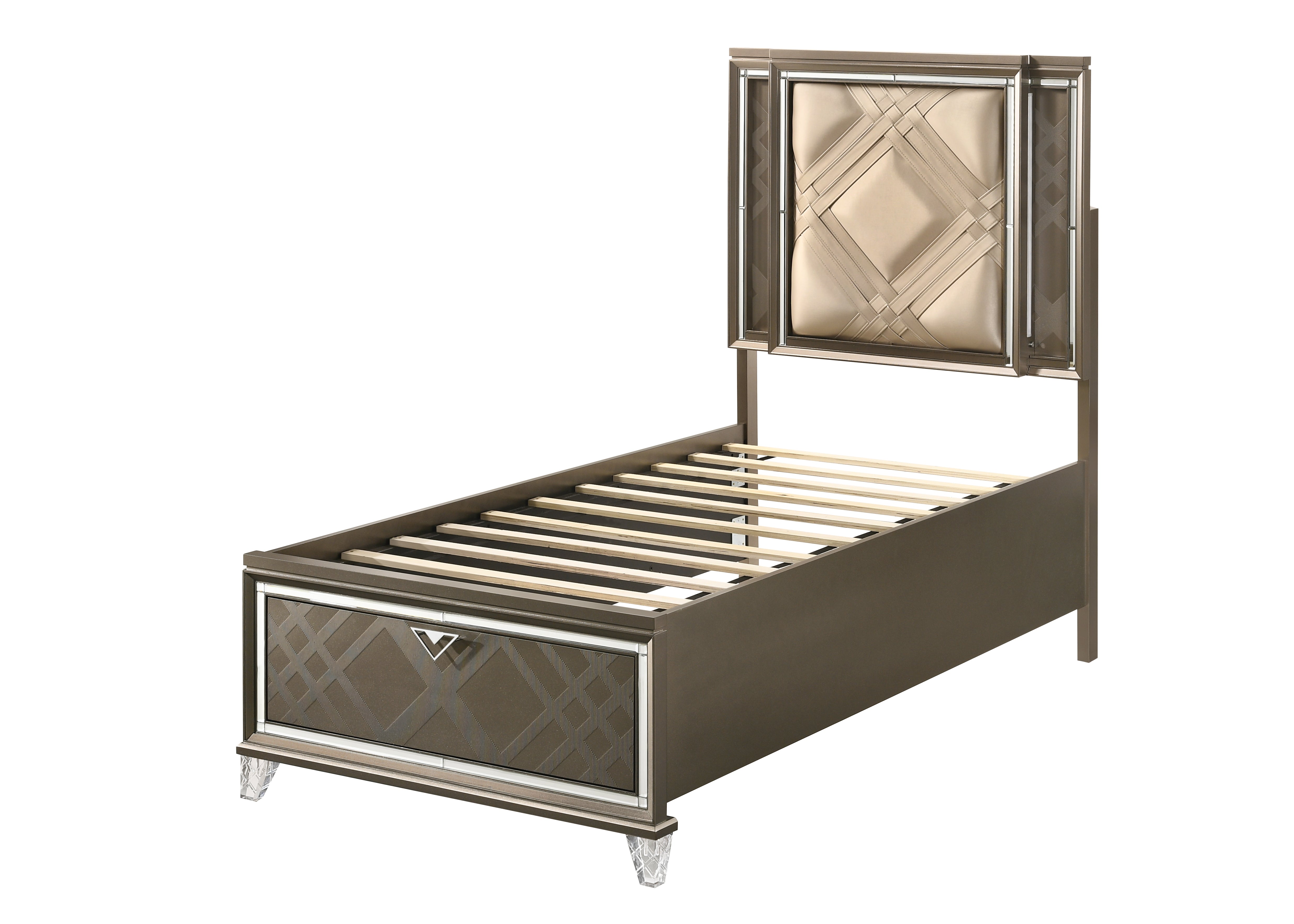 Beige and Dark Champagne Twin Bed with Storage--1