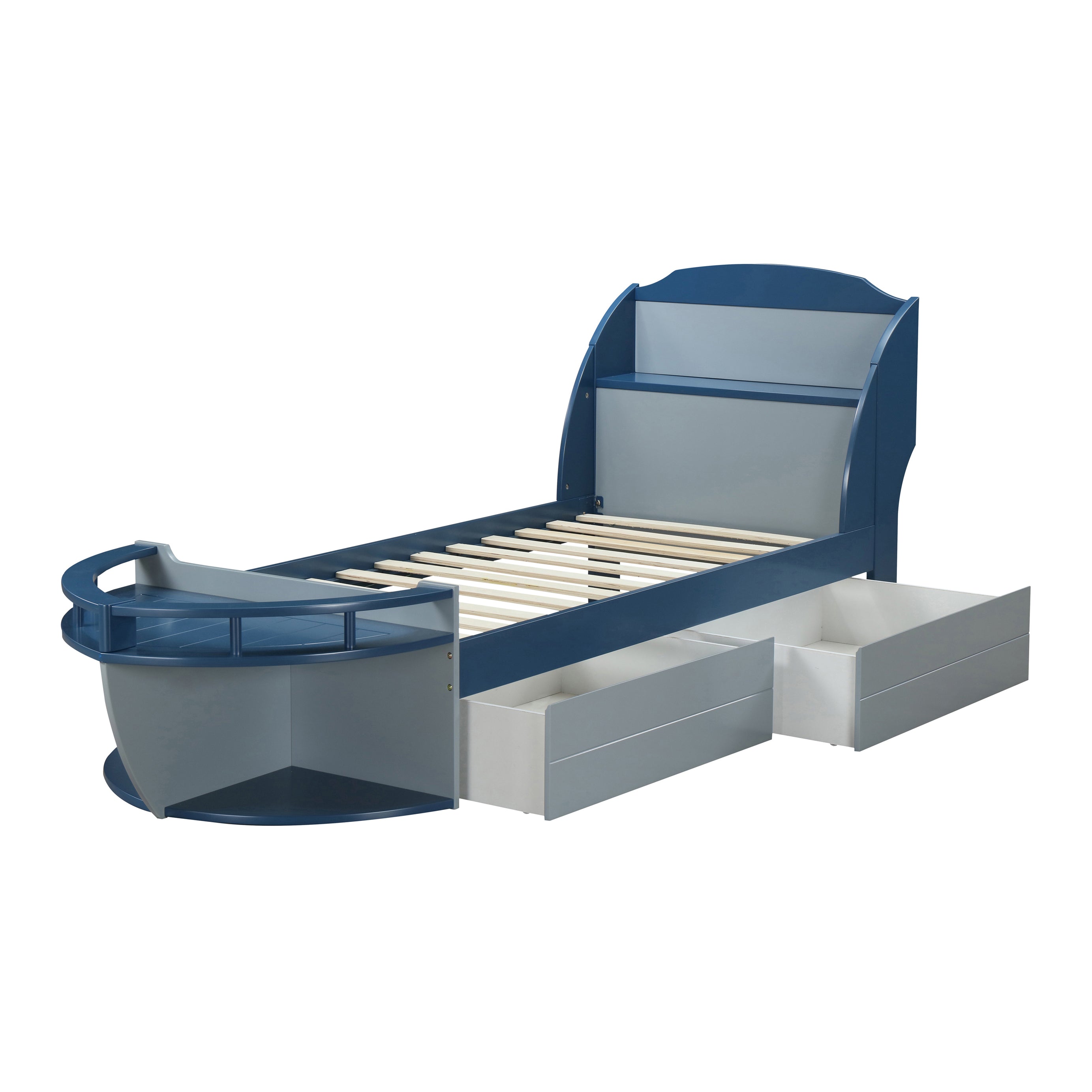 Grey and Navy Twin Bed with 2 Open Compartments--1