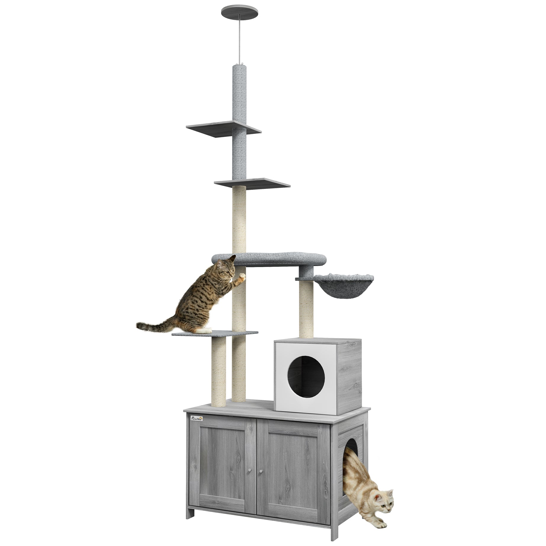 PawHut Cat Tree with Litter Box Enclosure, 2 in 1 Floor to Ceiling Cat Tower Litter Box Furniture with Condo, Bed, Hammock, Scratching Posts, and Platforms for Indoor Use, Gray--1