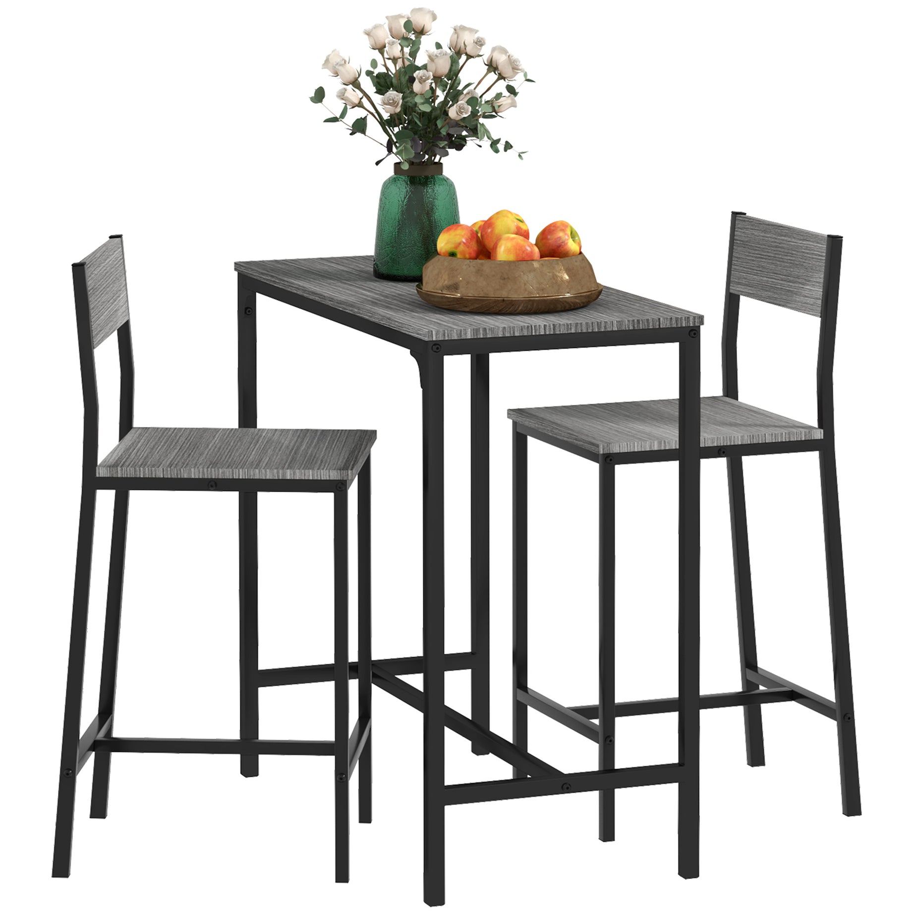 HOMCOM 3 Piece Bar Table and Chairs, Industrial Dining Table Set for 2, Counter Height Kitchen Table with Bar stools, Breakfast Table Set for 2 for Small Space, Gray--1