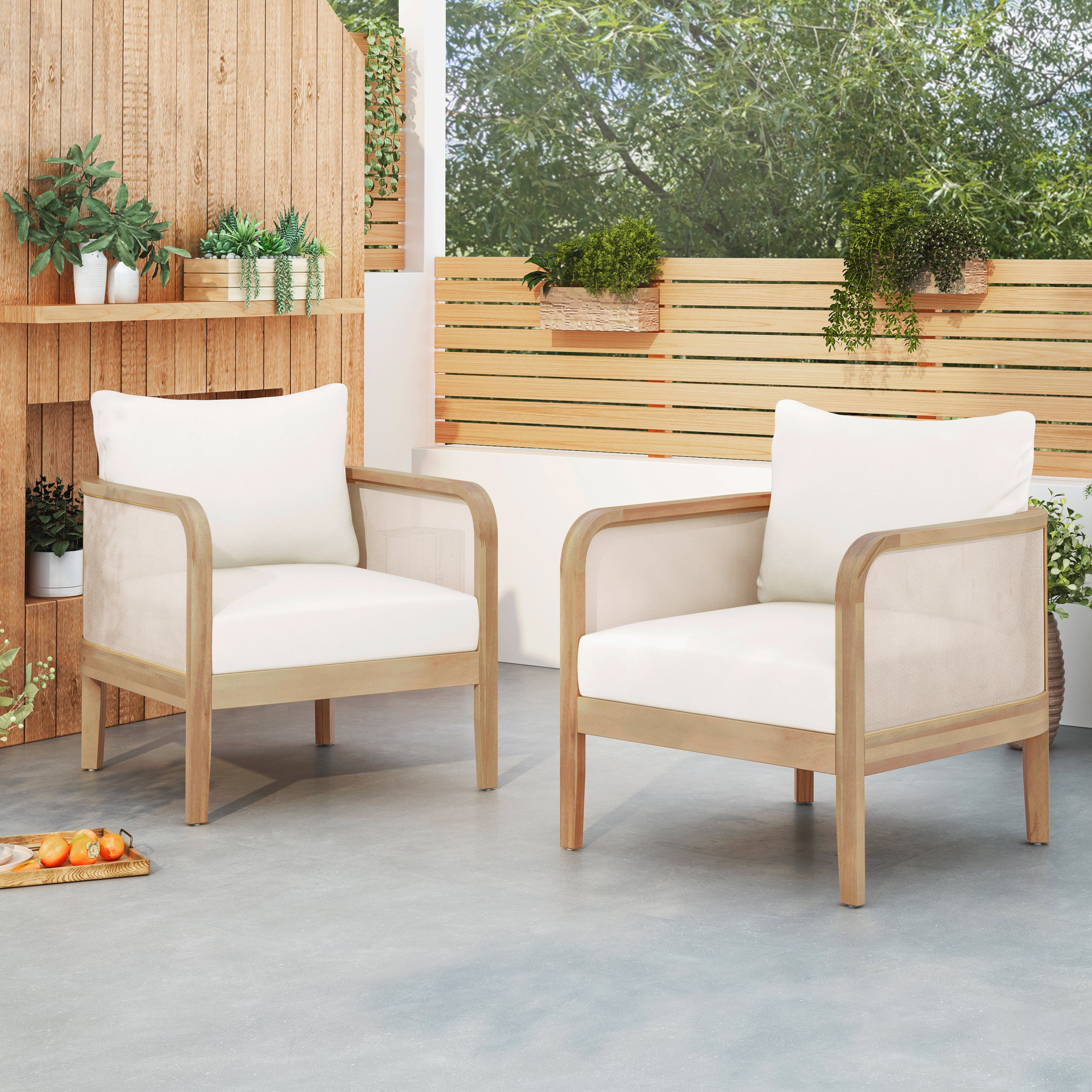 (Set of 2) Outdoor Acacia Wood Patio Club Chair, Textilene Patio Furniture,Waterproof Thick Cushion Deep Seating for Porch, Garden, Backyard, Balcony, Weight Capacity 400lbs, Light Teak Finish, Beige--1