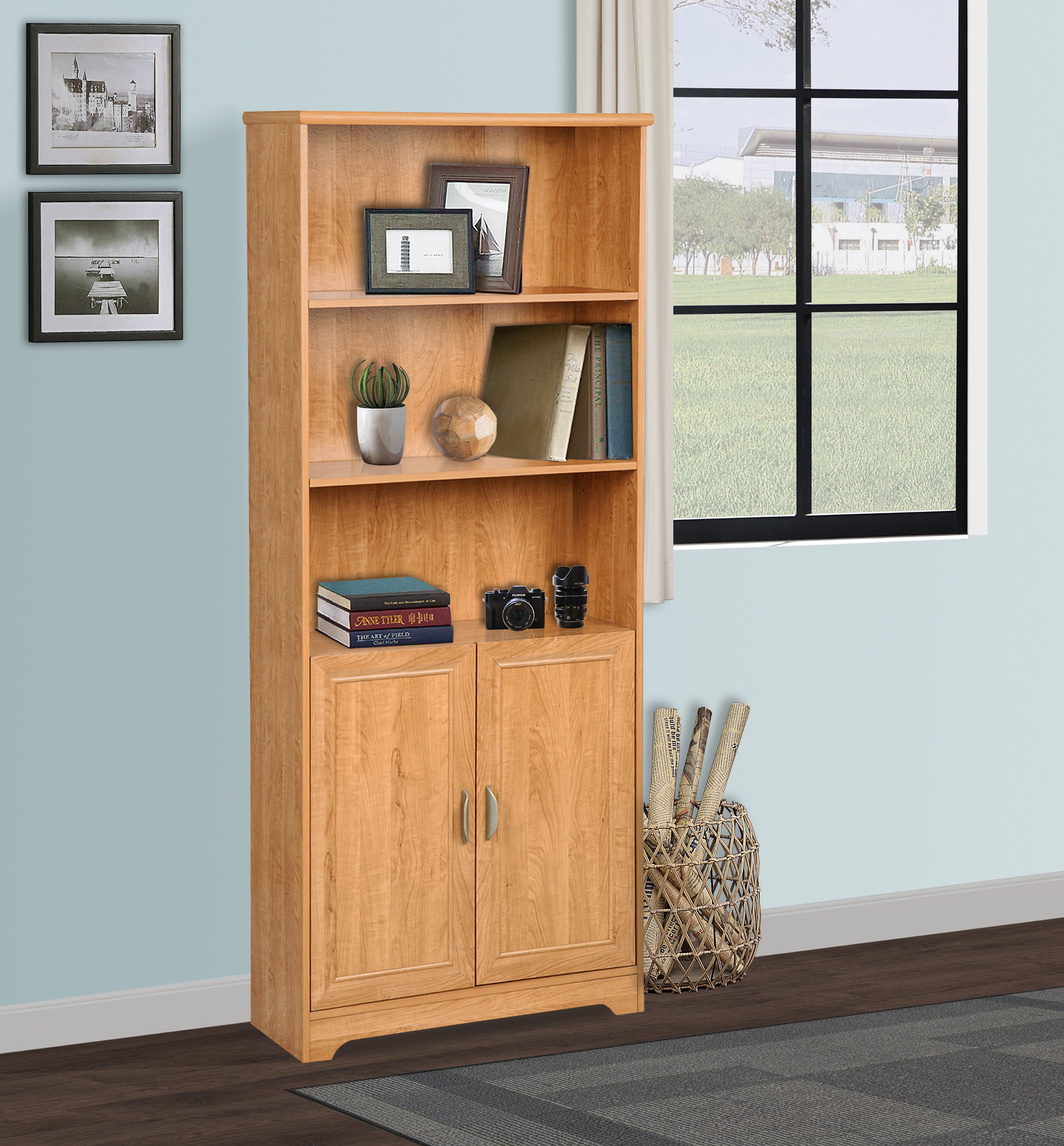 "5-SHELF BOOKCASE WITH DOORS" Honey Maple Wooden Bookcase - Adjustable Shelves, Contemporary Storage Unit with Metal Hardware for Home and Office--1