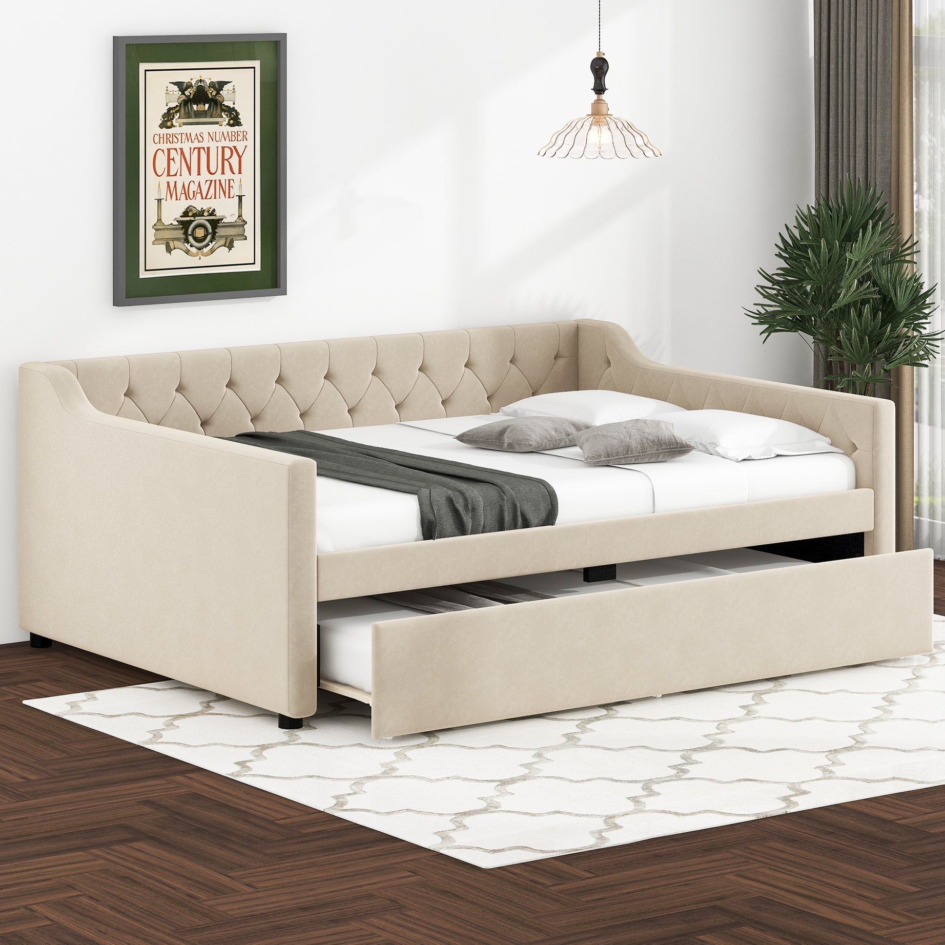 Full Size Upholstered Tufted Daybed with Twin Size Trundle, Beige--1