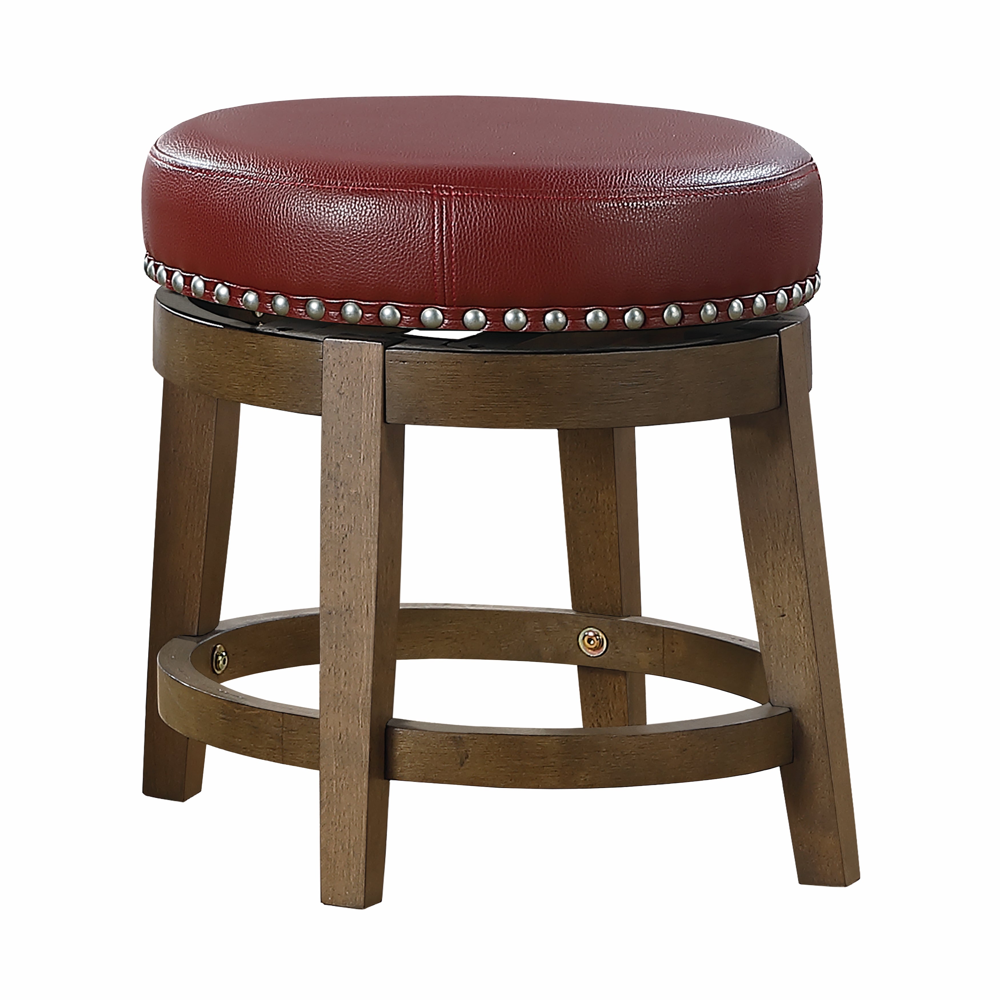 Round Swivel Stools Set of 2, Red Faux Leather 360-degree Swivel Seat Nailhead Trim Solid Wood Frame Brown Finish Furniture--1