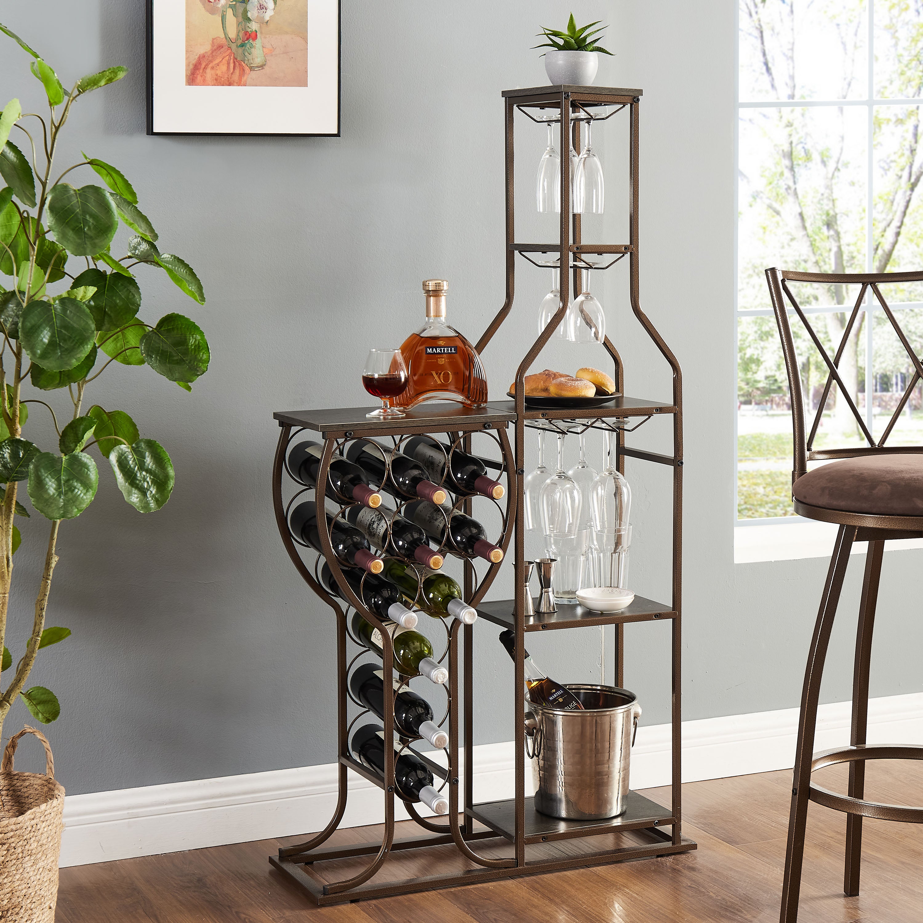 Grey 11 Bottle Wine Bakers Rack, 5 Tier Freestanding Wine Rack with Hanging Wine Glass Holder and Storage Shelves, Wine Storage Home Bar for Liquor and Wine Storagefor Kitchen, Dining Room--1