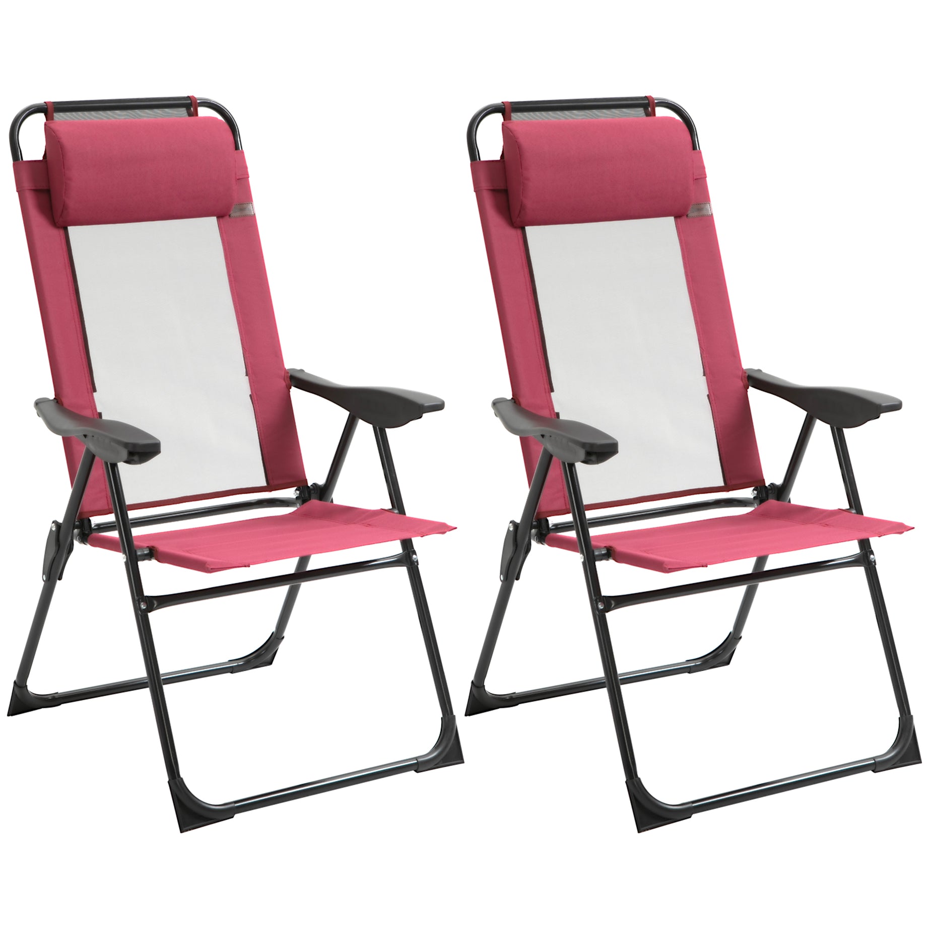 Outsunny Folding Patio Chairs Set of 2, Outdoor Deck Chair with Adjustable Sling Back, Camping Chair with Removable Headrest for Garden, Backyard, Lawn, Red--1