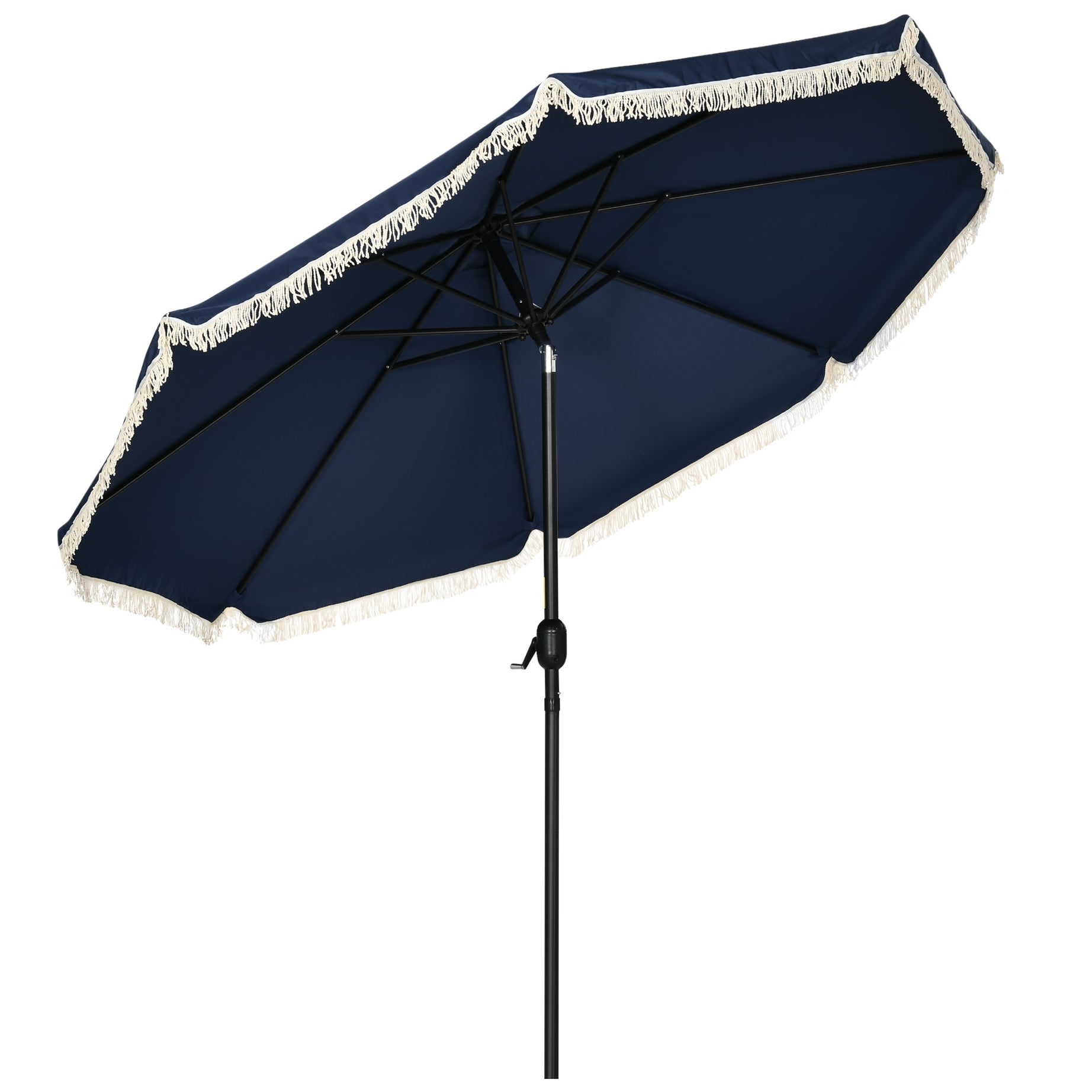 Outsunny 9ft Patio Umbrella with Push Button Tilt and Crank, Ruffled Outdoor Market Table Umbrella with Tassles and 8 Ribs, for Garden, Deck, Pool, Dark Blue--1