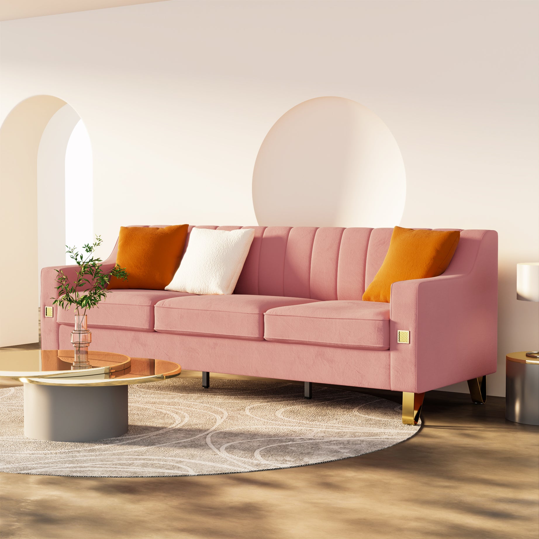 FX-P85-3S-PK (3 SEATS SOFA) Luxury pink Velvet Sofa with Gold Accents - Modern 3-Seat Couch with Plush Cushions, Perfect for Living Room and Office Decor--1