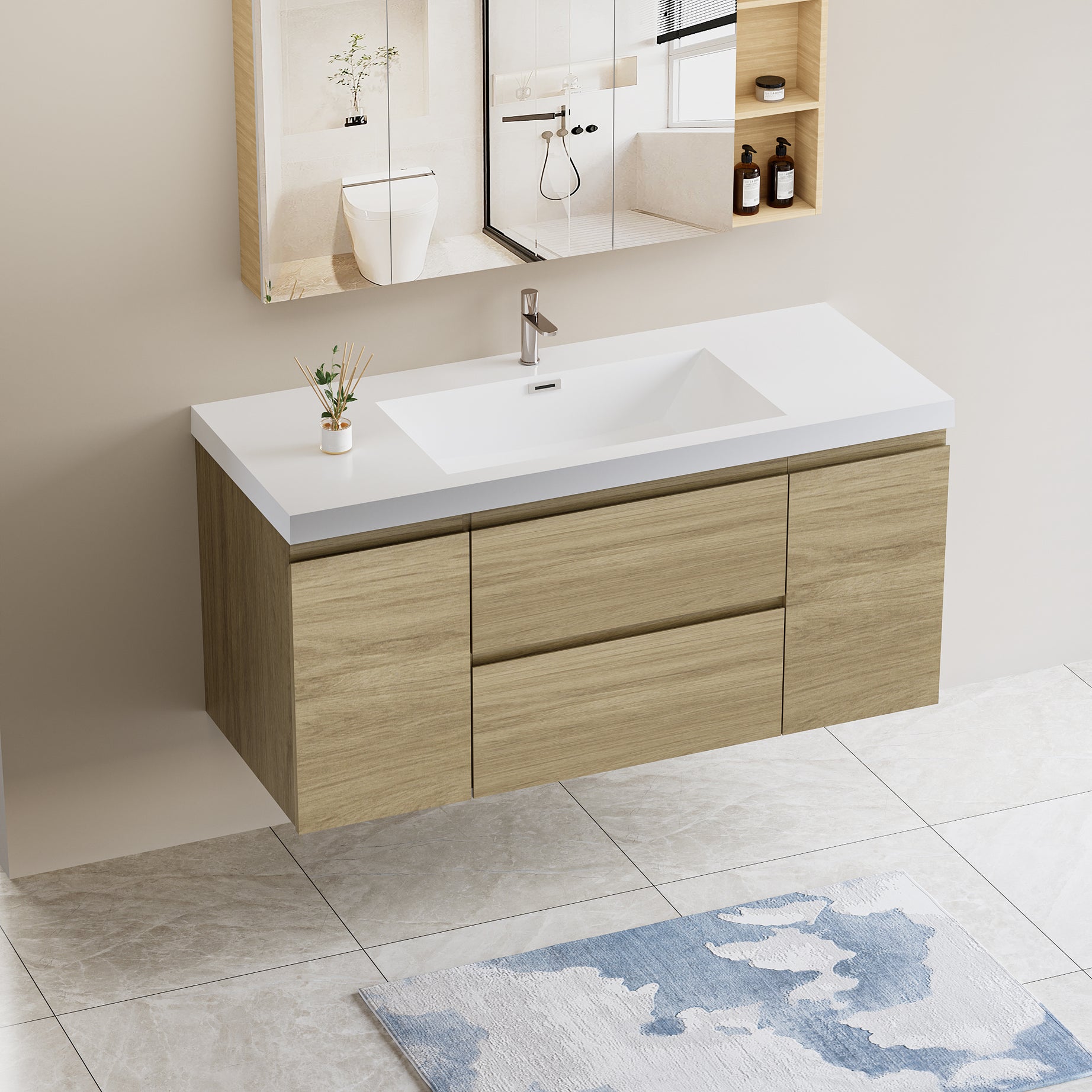 48" Floating Bathroom Vanity with Sink, Modern Wall-Mounted Bathroom Storage Vanity Cabinet with Resin Top Basin and Soft Close Drawers, Natural Oak 24V11-48NO--1