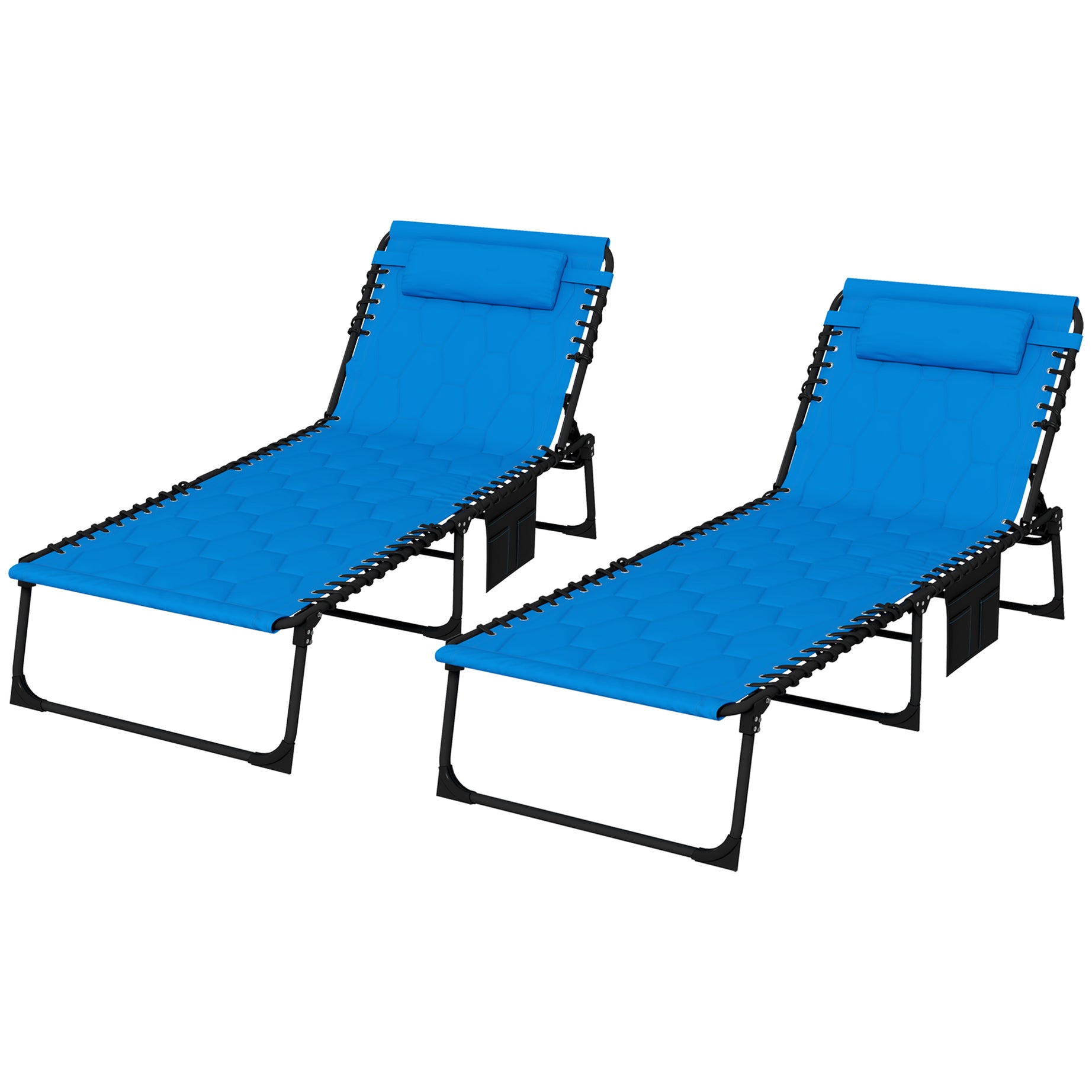 Outsunny Folding Chaise Lounge Set with 5-level Reclining Back, Outdoor Lounge Tanning Chair with Padded Seat, Side Pocket & Headrest for Beach, Yard, Patio, Blue--1