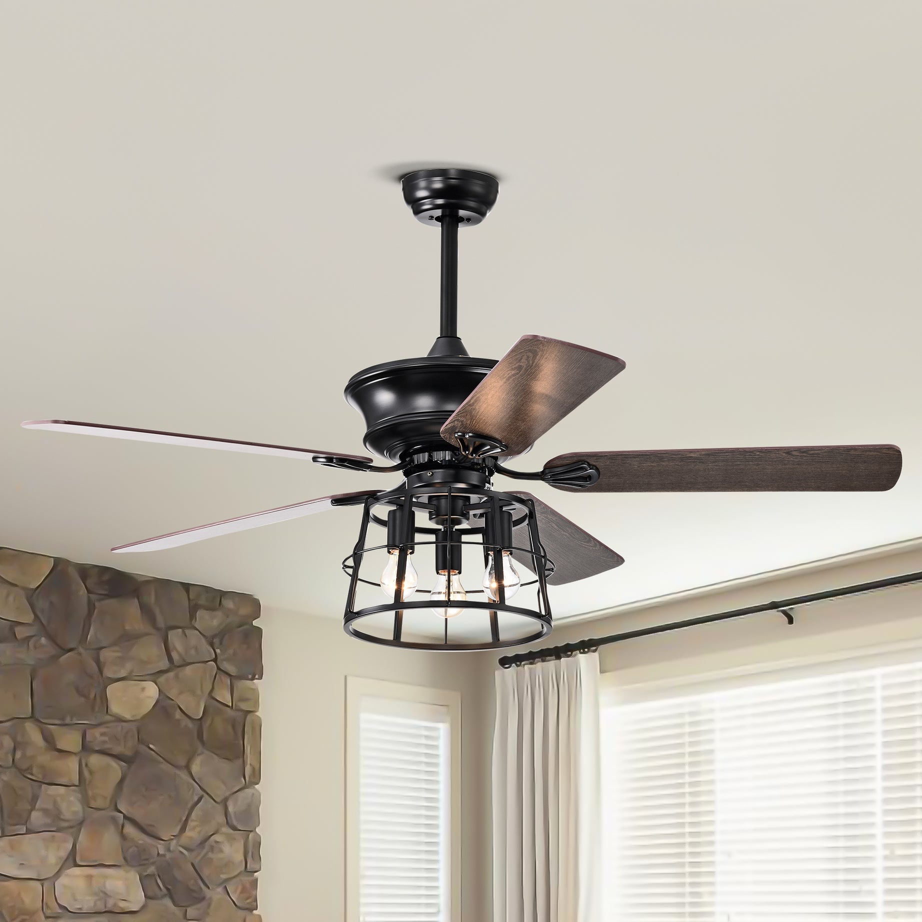 52'' Farmhouse Ceiling Fan with Lights, 52 Inch Industrial Cage Ceiling Fan Light, Indoor Outdoor Ceiling Fan with Remote, Reversible AC Motor for Farmhouse Patios Bedroom Garage 3&E26 --Matte Blac--1