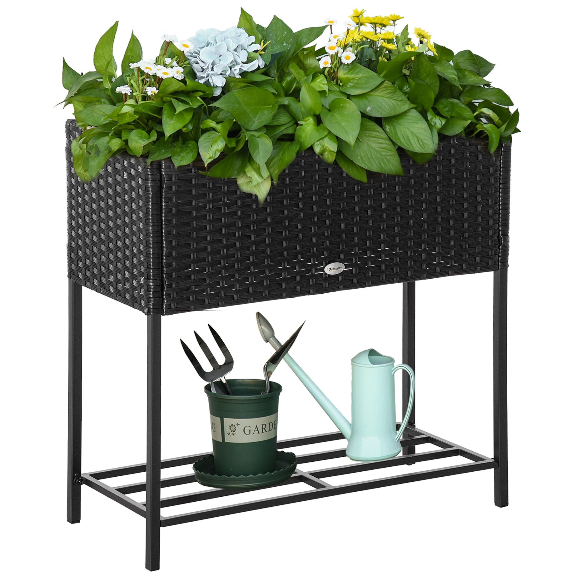 Outsunny Raised Garden Bed, Elevated Planter Box with Rattan Wicker Look, Tool Storage Shelf, Portable Design for Herbs, Vegetables, Flowers, Black--1