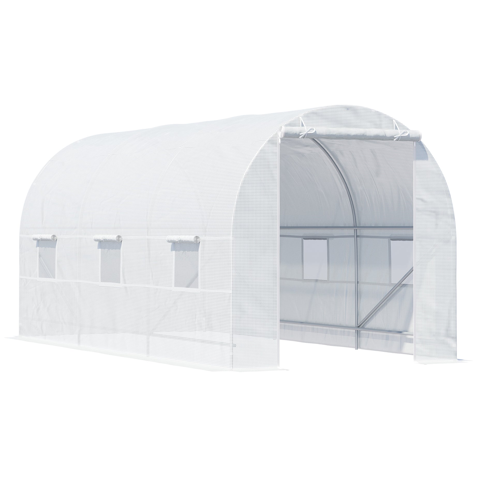 Outsunny 15' x 7' x 7' Walk-In Tunnel Greenhouse, Large Garden Hot House Kit with 6 Roll-up Windows & Roll Up Door, Steel Frame, White--1