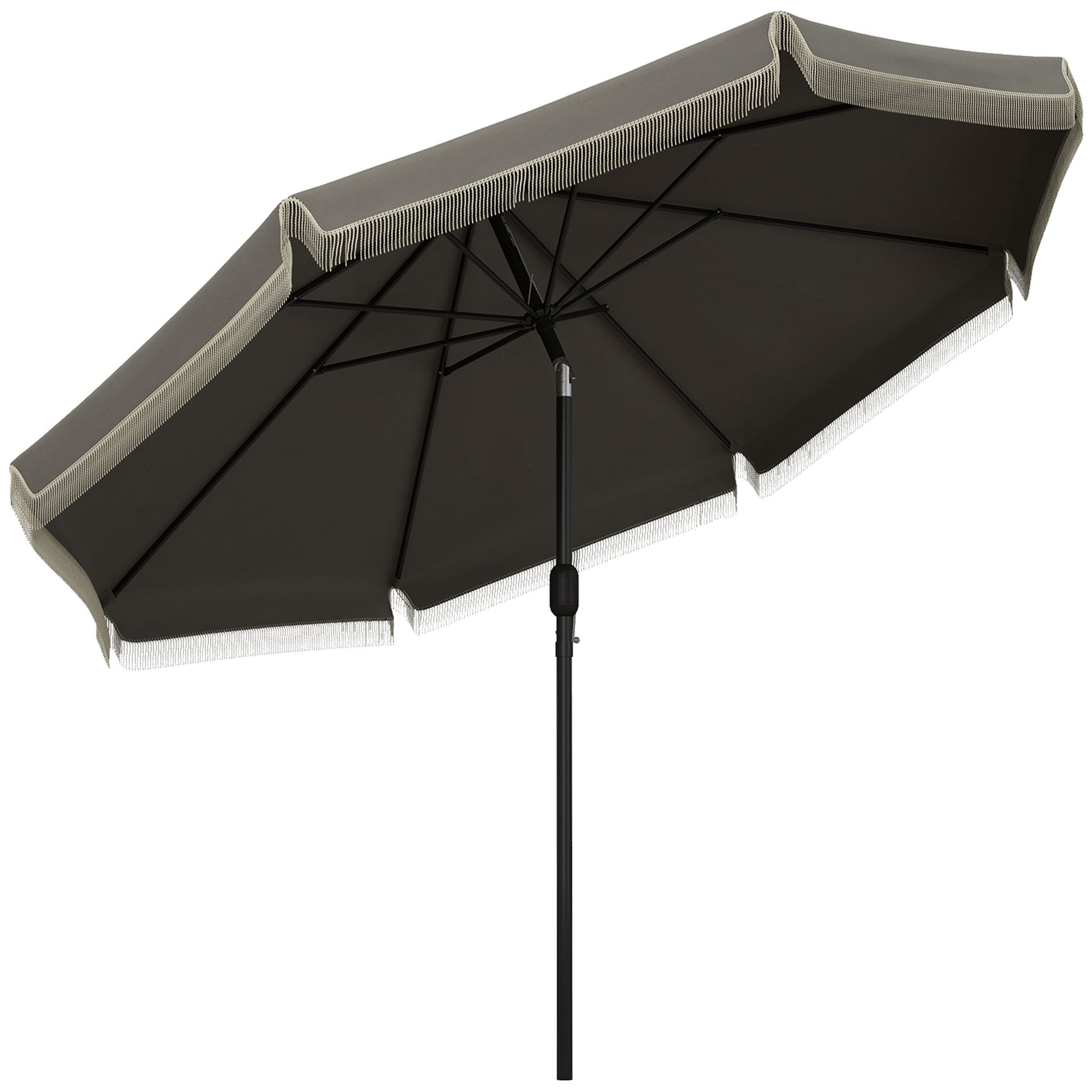 Outsunny 9ft Patio Umbrella with Push Button Tilt and Crank, Ruffled Outdoor Market Table Umbrella with Tassles and 8 Ribs, for Garden, Deck, Pool, Dark Gray--1