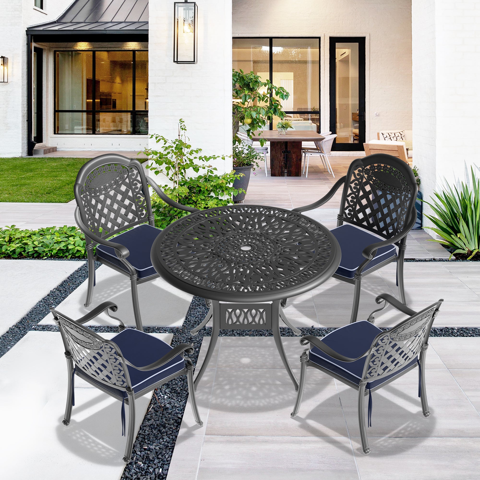 (Cushions In  Random Colors)5-Piece Set Of Cast Aluminum Patio Furniture With  Cushions--1